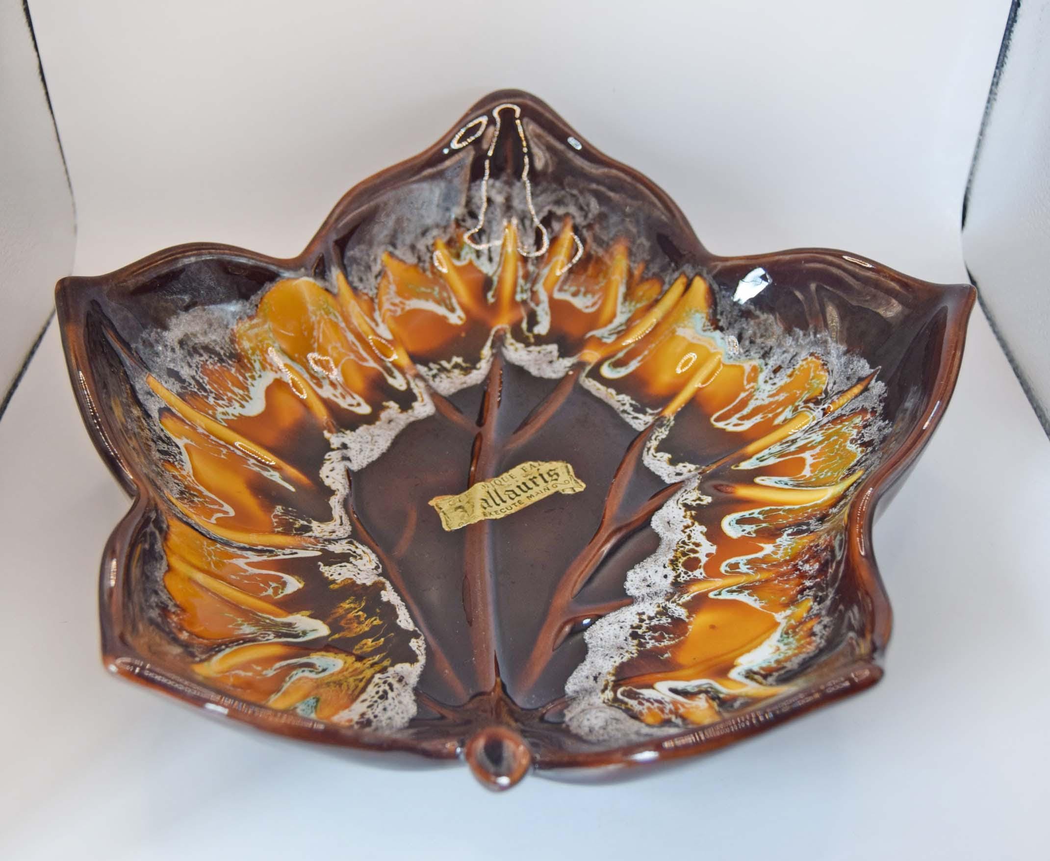 Vintage Ceramique Fady Vallauris Leaf Dish French Retro - Ecume de Mer Glaze