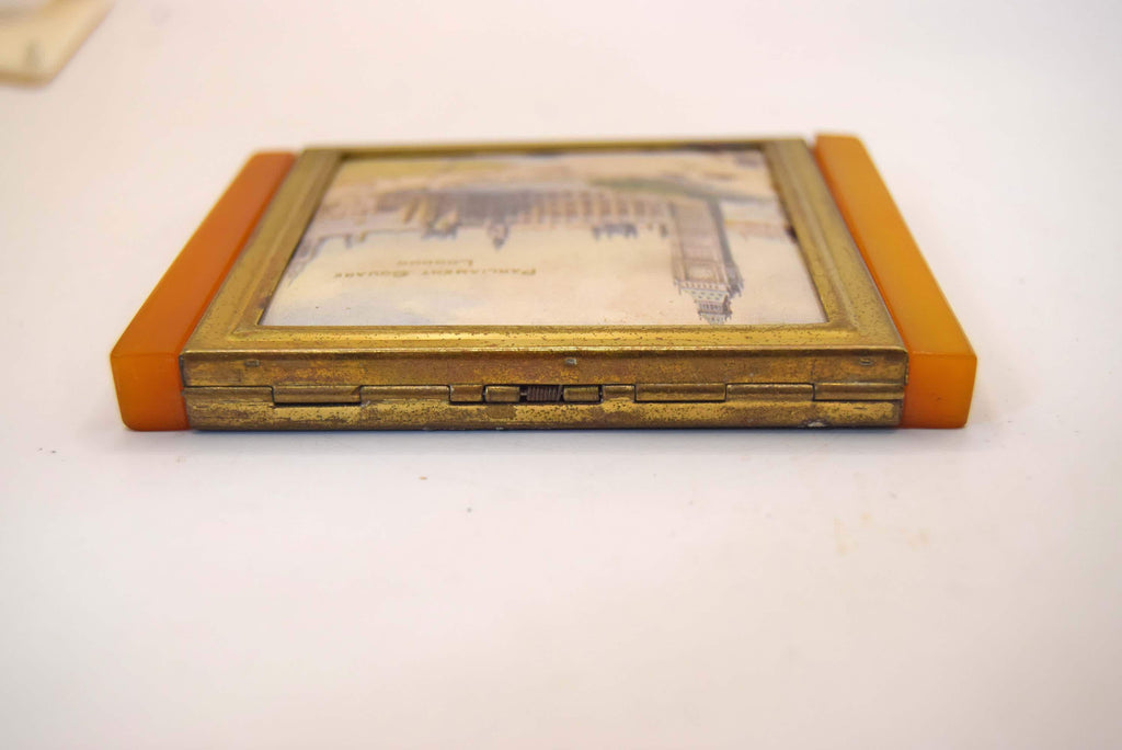 Vintage Art Deco London Cigarette Case Parliament Square Big Ben, Amber Bakelite Lucite Wing Edges, 1930s  Tobacciana
