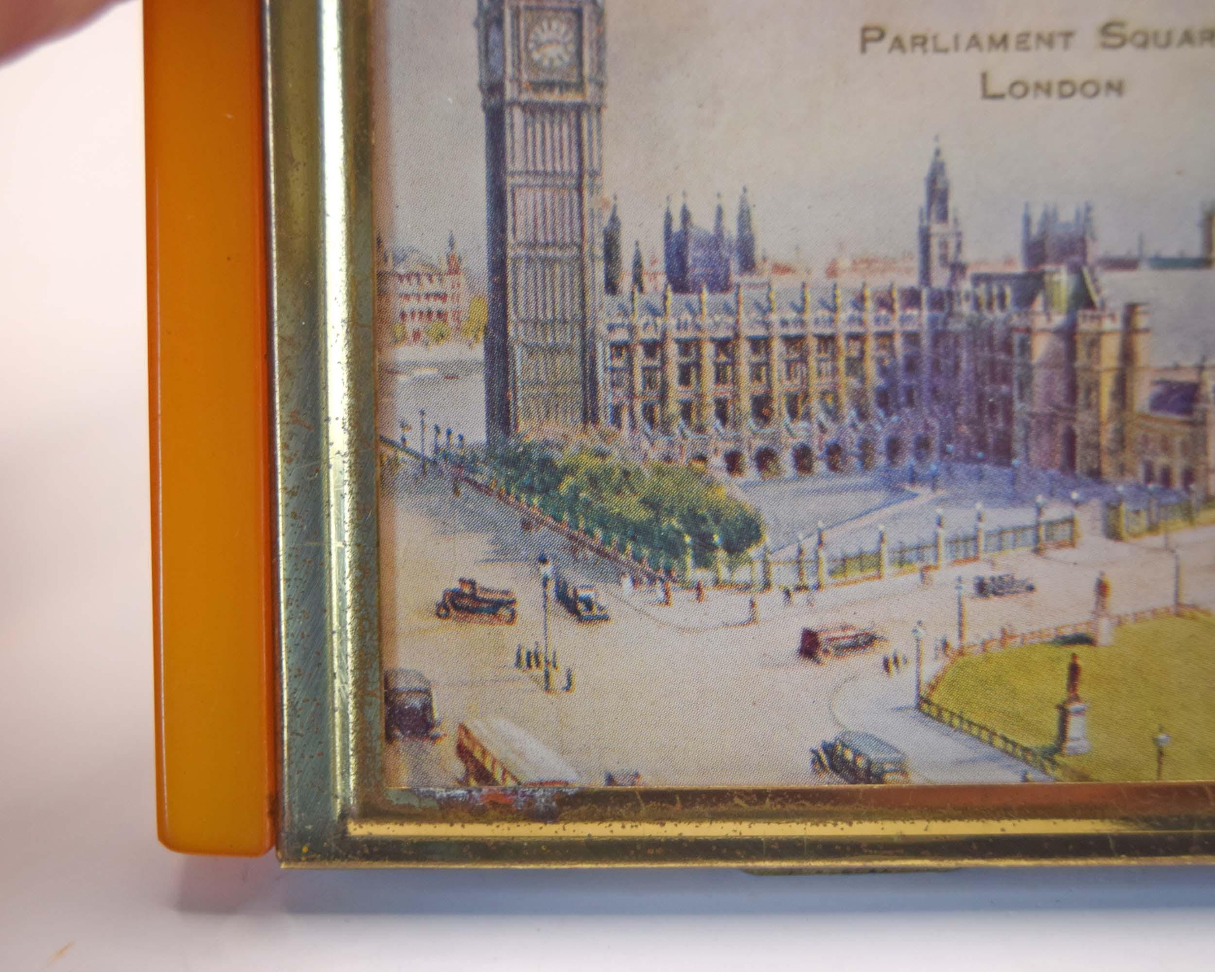 Vintage Art Deco London Cigarette Case Parliament Square Big Ben, Amber Bakelite Lucite Wing Edges, 1930s  Tobacciana