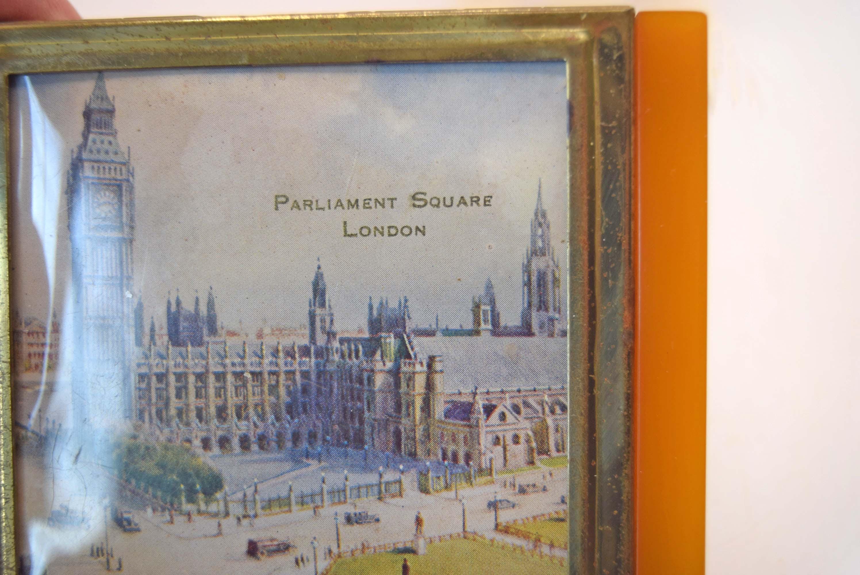 Vintage Art Deco London Cigarette Case Parliament Square Big Ben, Amber Bakelite Lucite Wing Edges, 1930s  Tobacciana