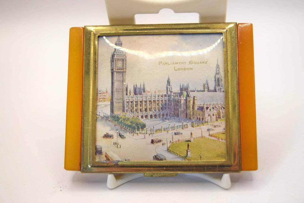 Vintage Art Deco London Cigarette Case Parliament Square Big Ben, Amber Bakelite Lucite Wing Edges, 1930s  Tobacciana
