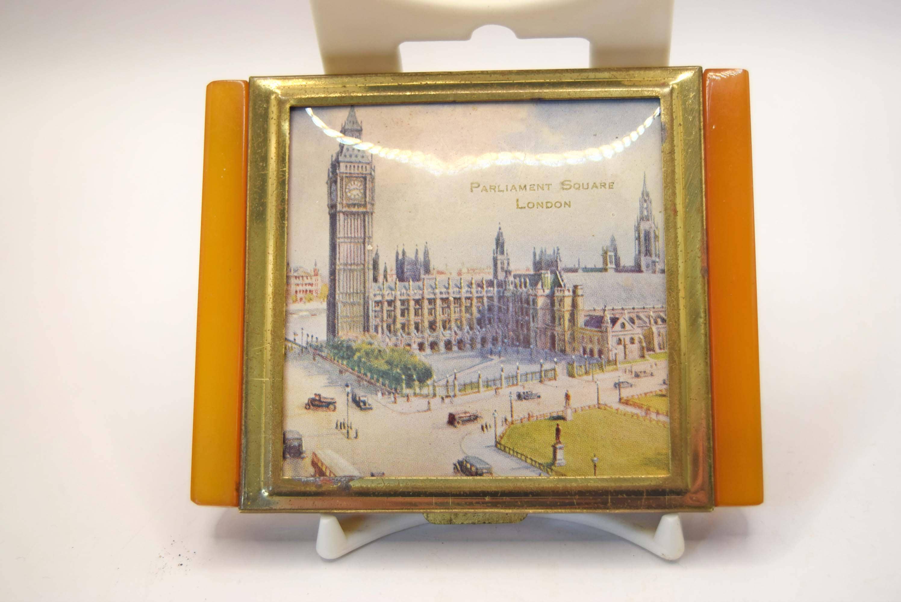 Vintage Art Deco London Cigarette Case Parliament Square Big Ben, Amber Bakelite Lucite Wing Edges, 1930s  Tobacciana