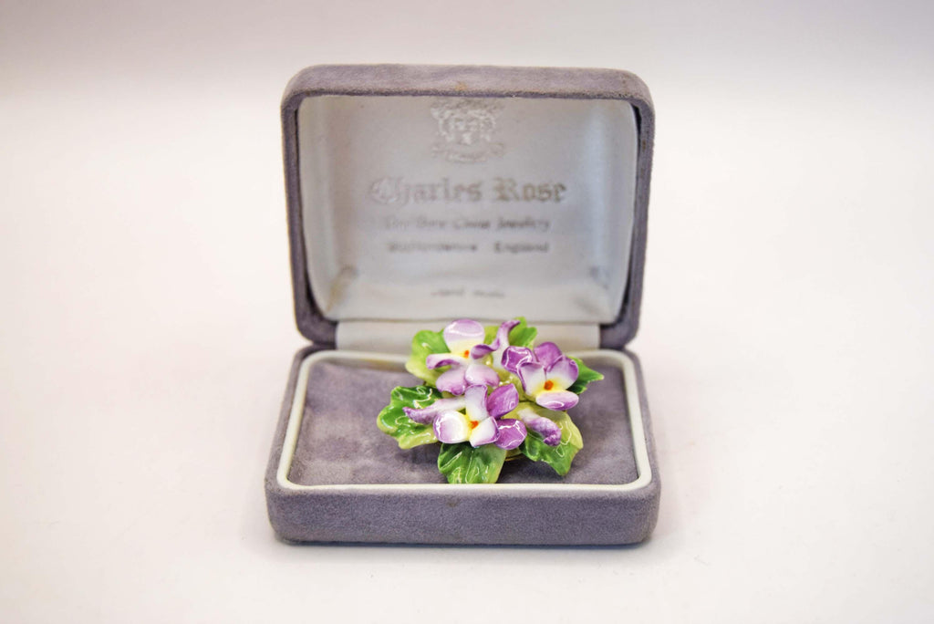 Vintage Charles Rose Fine Bone China Violet Brooch with Original Velvet Box.