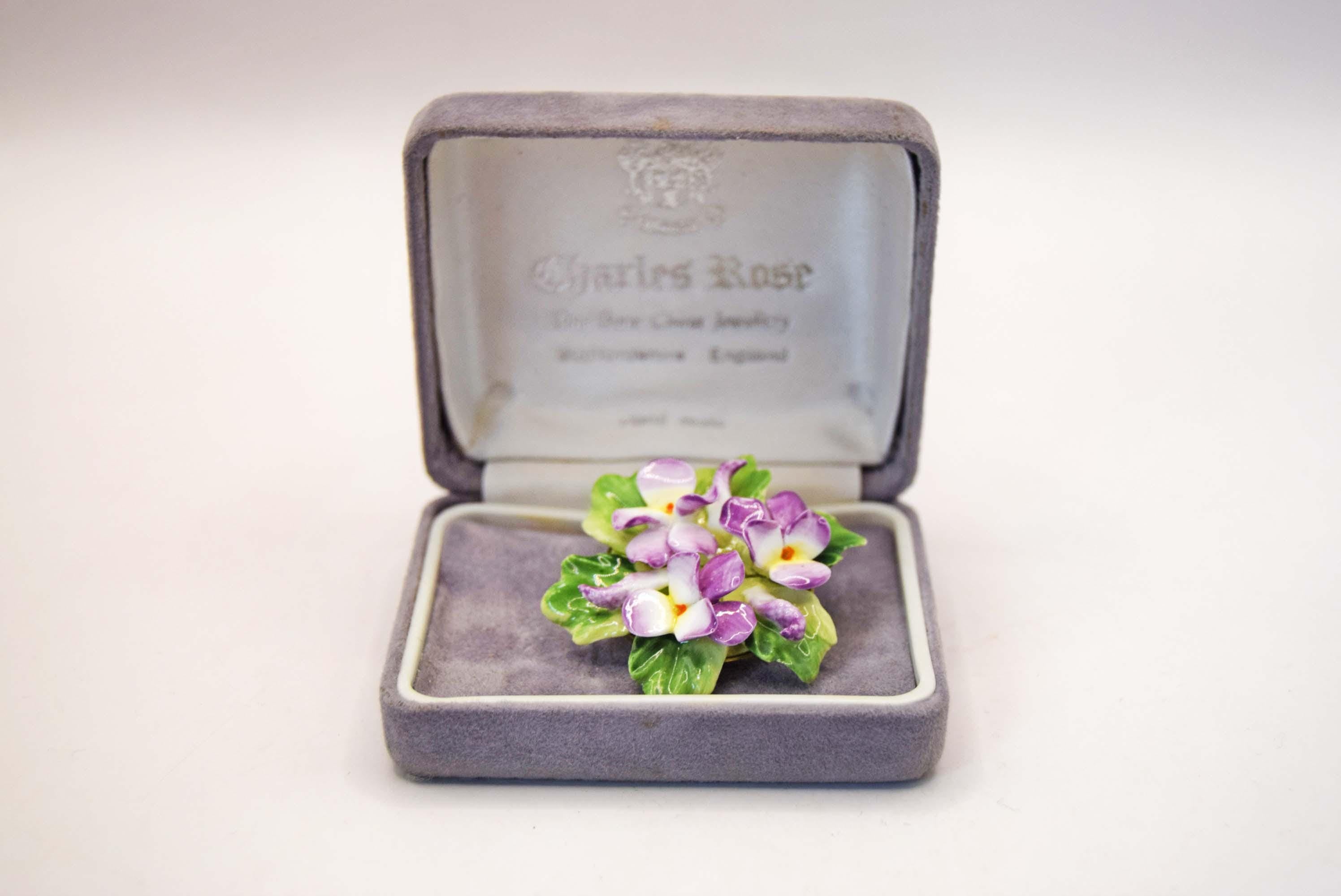 Vintage Charles Rose Fine Bone China Violet Brooch with Original Velvet Box.