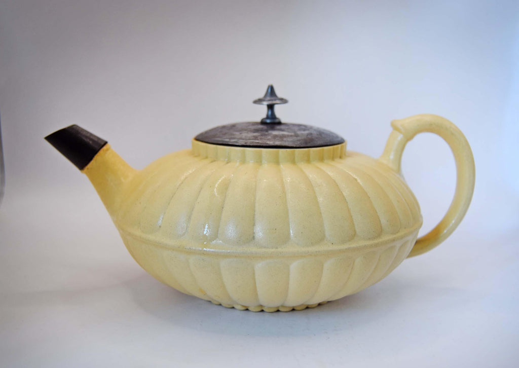 Rare Antique Wedgwood Caneware Teapot - Early 1800s Lotus Form with 19th Century Inventive Metal Repair