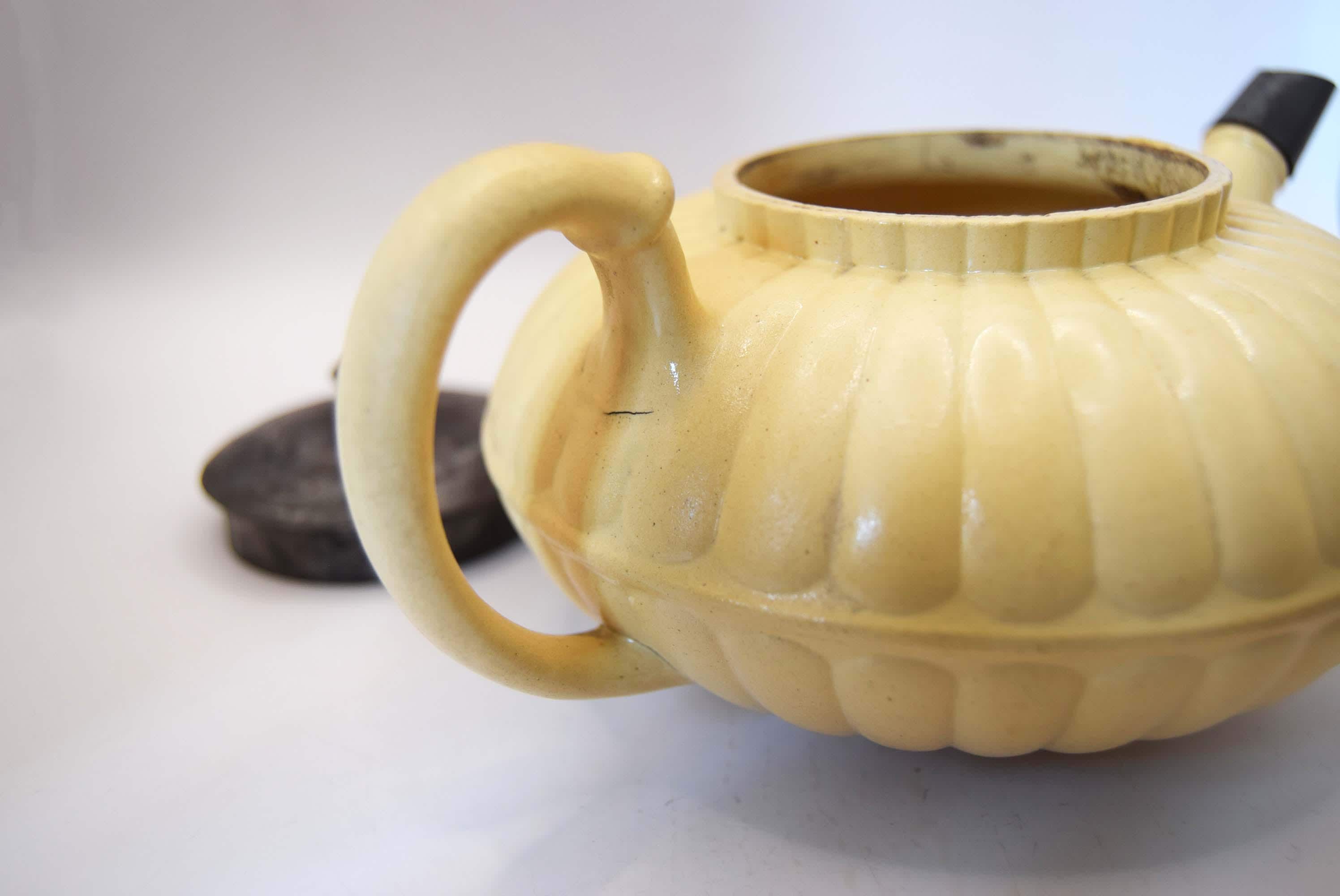 Rare Antique Wedgwood Caneware Teapot - Early 1800s Lotus Form with 19th Century Inventive Metal Repair