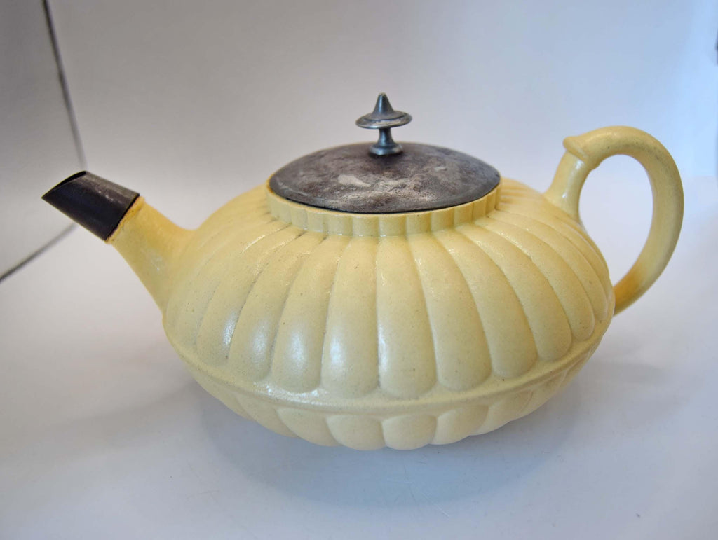 Rare Antique Wedgwood Caneware Teapot - Early 1800s Lotus Form with 19th Century Inventive Metal Repair