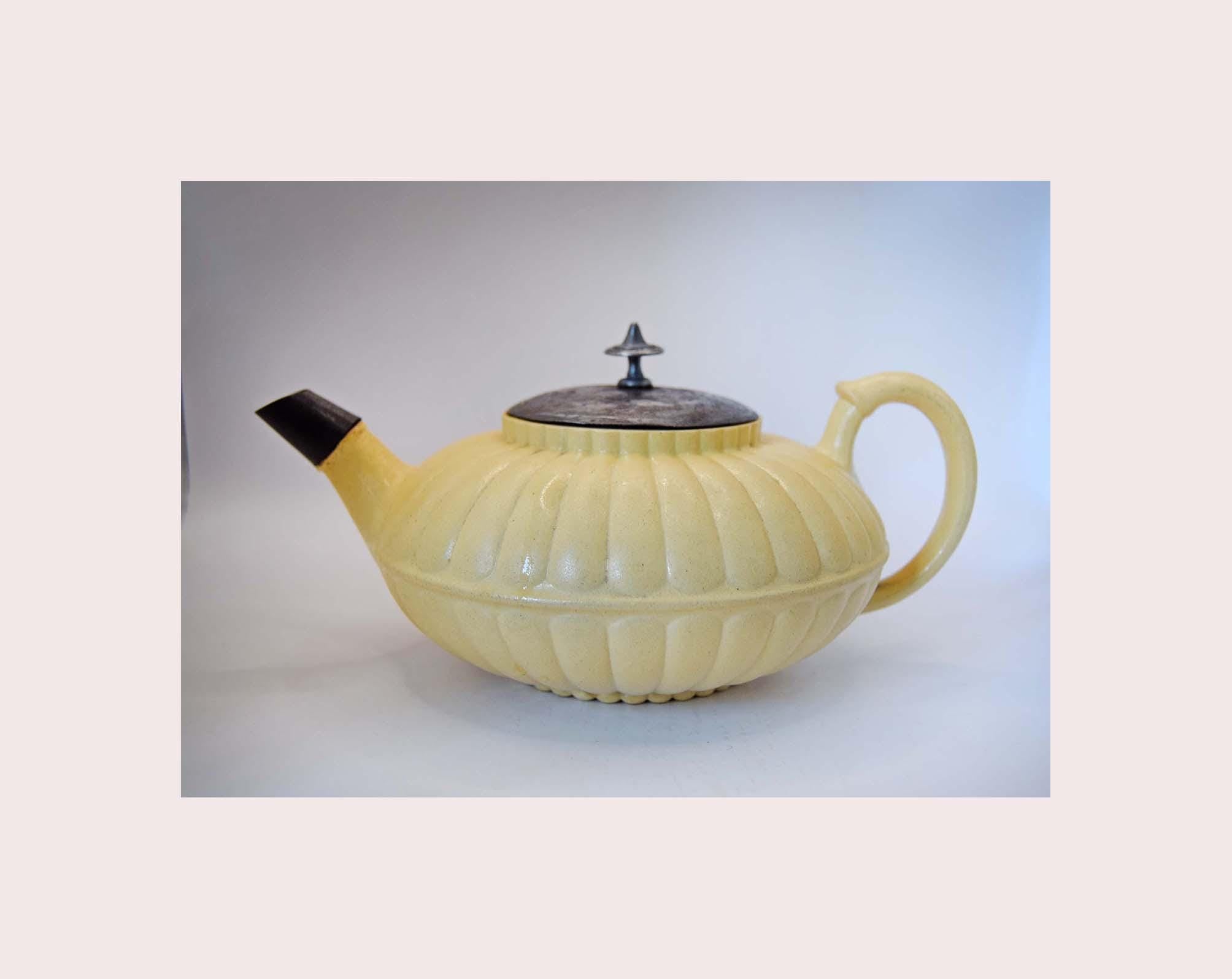 Rare Antique Wedgwood Caneware Teapot - Early 1800s Lotus Form with 19th Century Inventive Metal Repair  