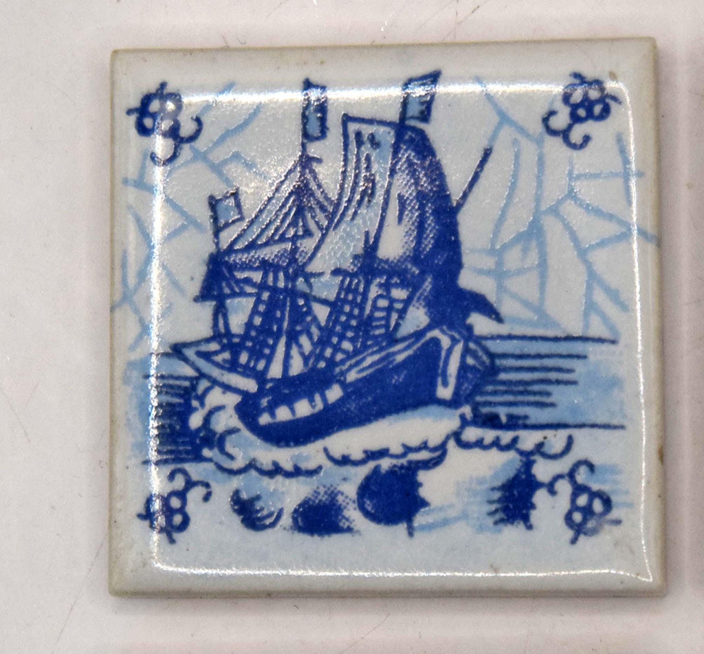 Set of 4 Vintage Miniature Delft Blue Tiles Nautical 17th Century Sailing Ships