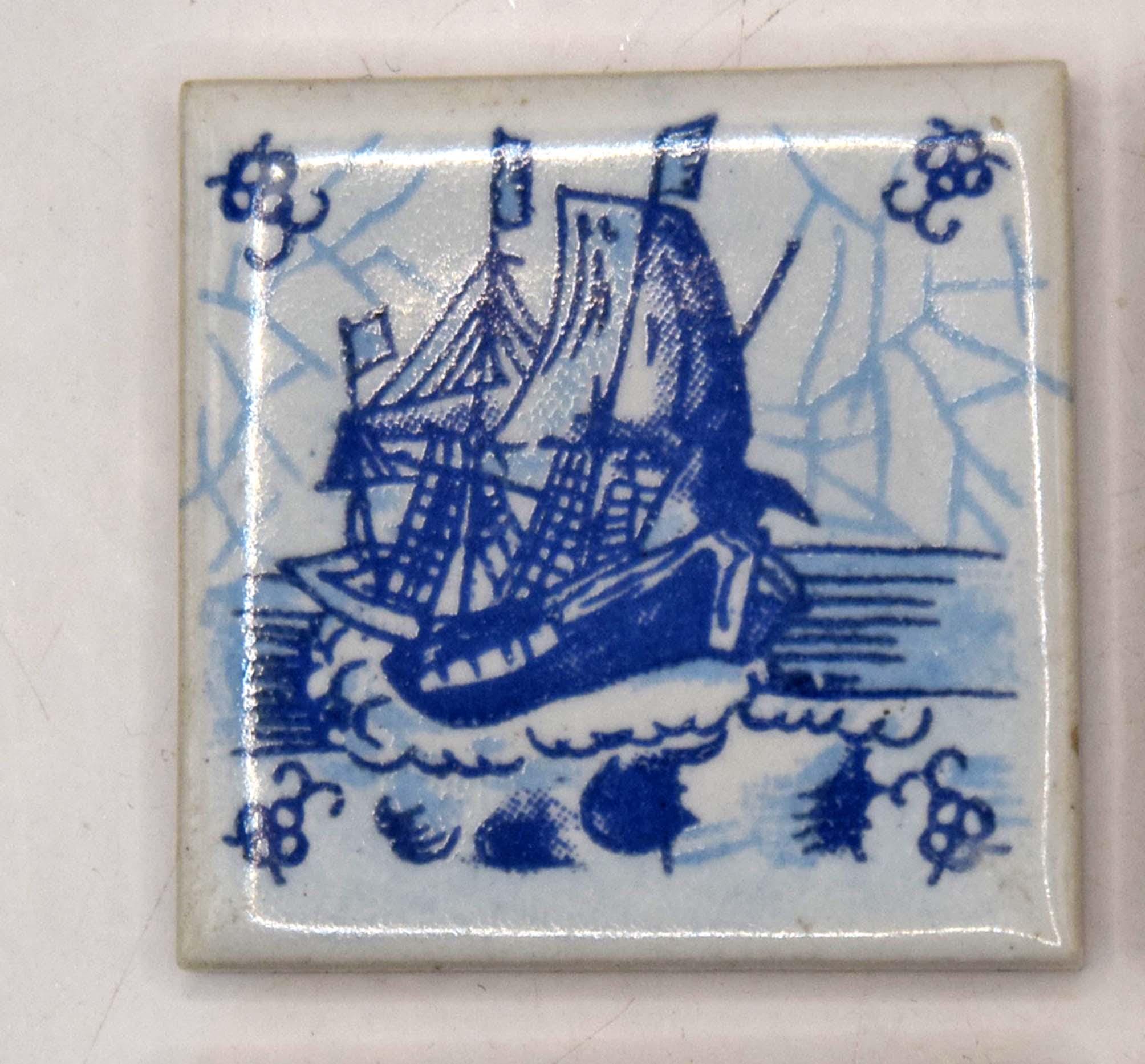 Set of 4 Vintage Miniature Delft Blue Tiles Nautical 17th Century Sailing Ships