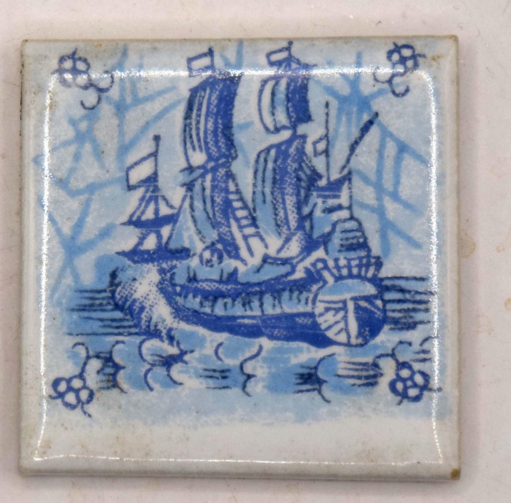 Set of 4 Vintage Miniature Delft Blue Tiles Nautical 17th Century Sailing Ships