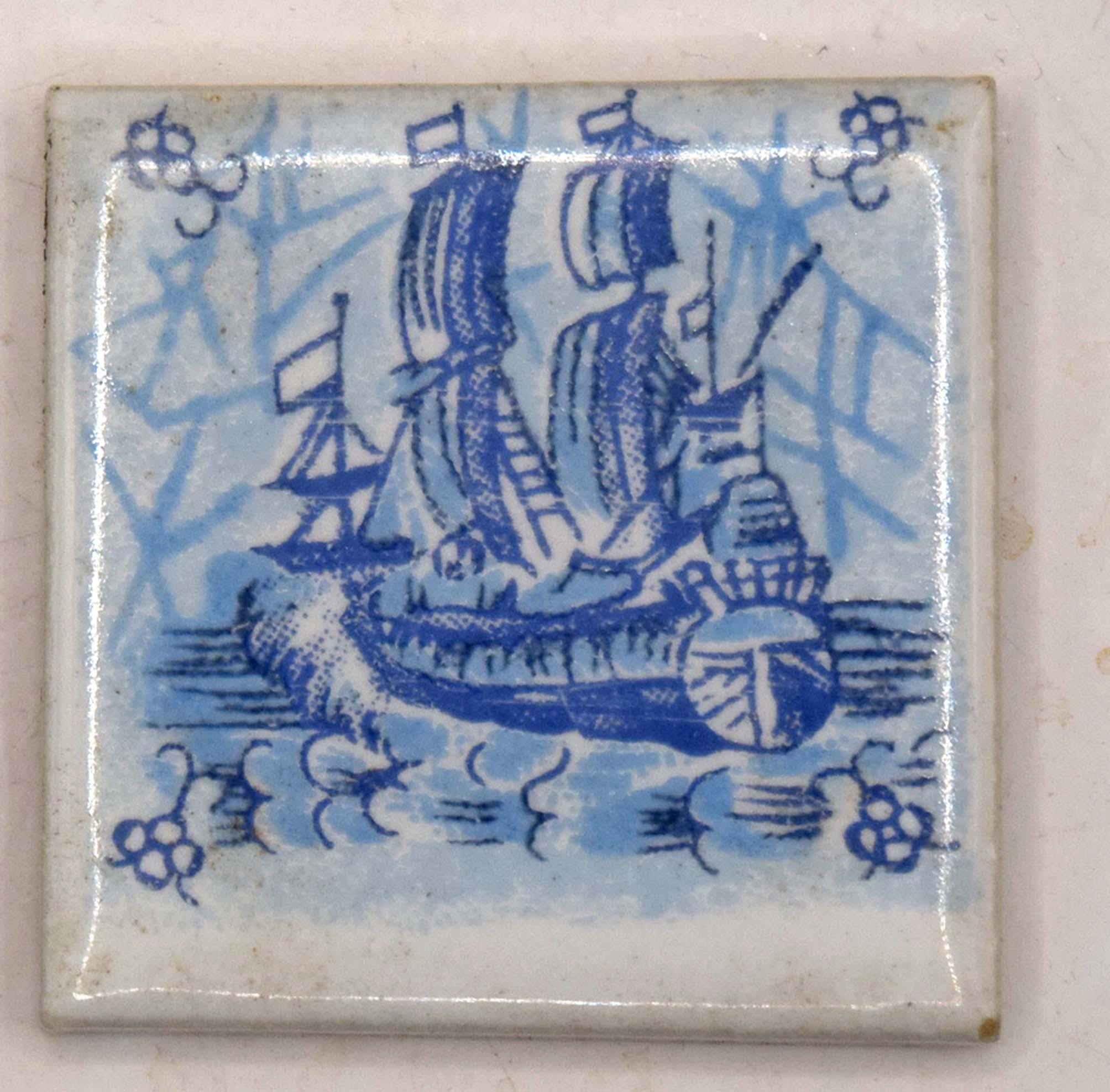 Set of 4 Vintage Miniature Delft Blue Tiles Nautical 17th Century Sailing Ships