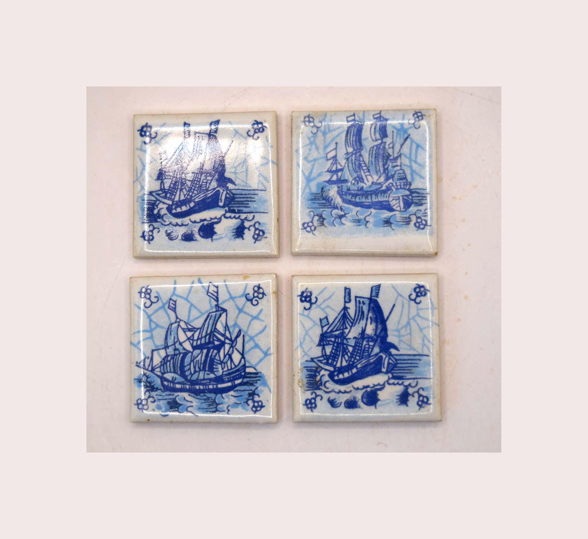 Set of 4 Vintage Miniature Delft Blue Tiles Nautical 17th Century Sailing Ships