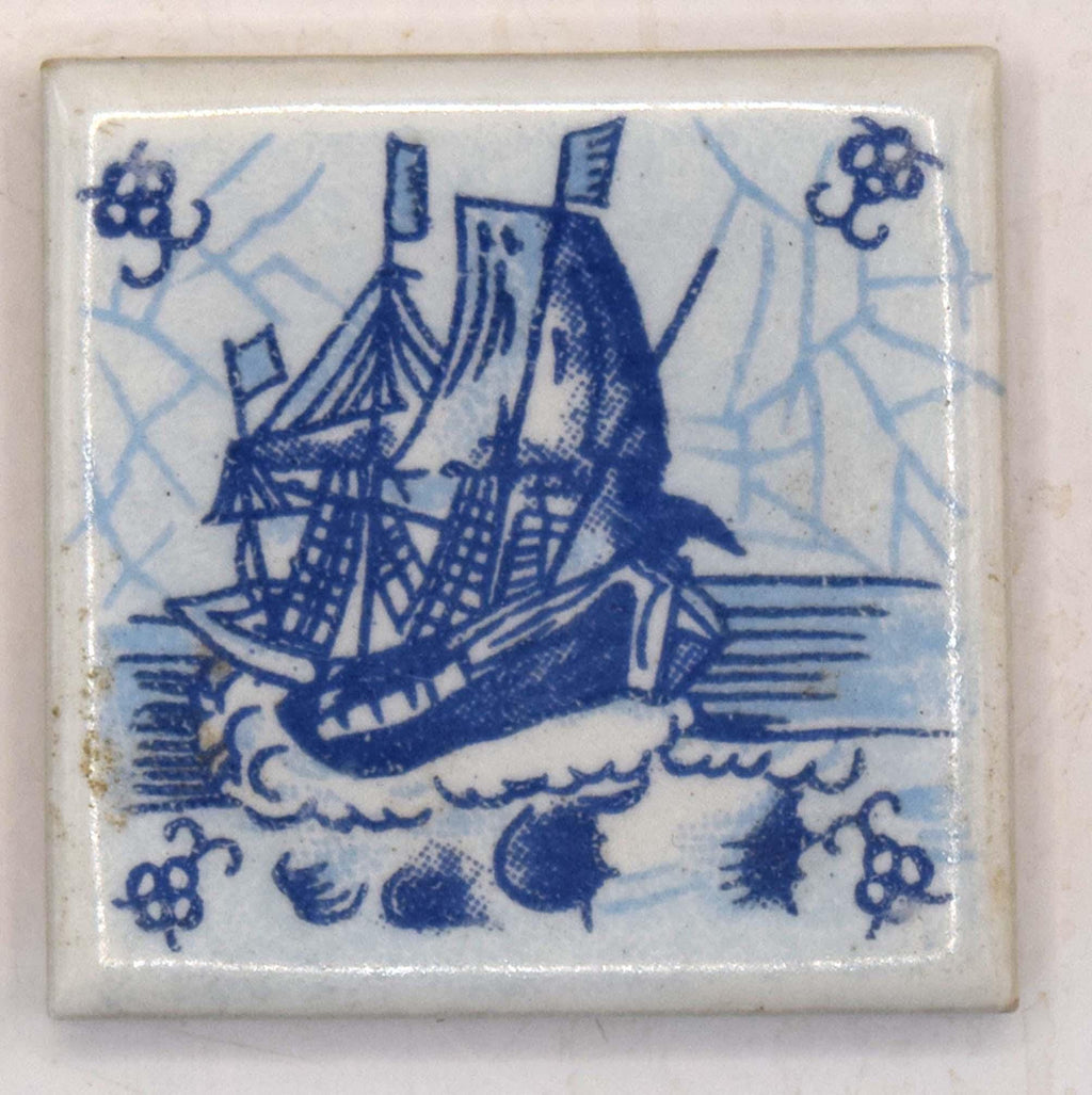 Set of 4 Vintage Miniature Delft Blue Tiles Nautical 17th Century Sailing Ships
