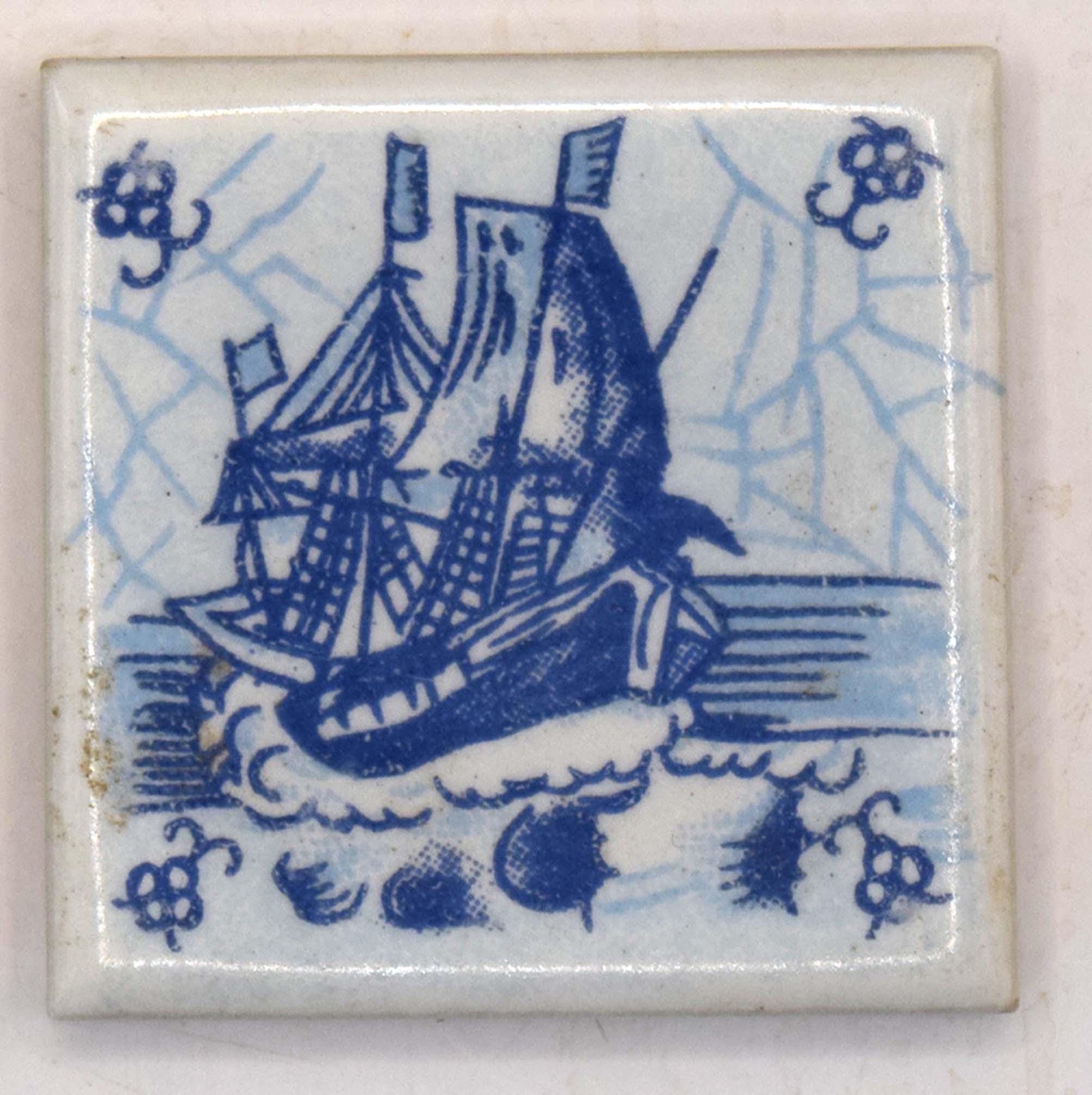 Set of 4 Vintage Miniature Delft Blue Tiles Nautical 17th Century Sailing Ships