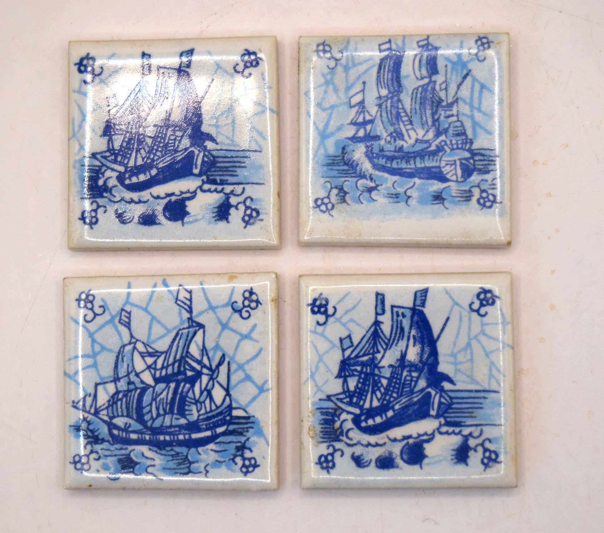 Set of 4 Vintage Miniature Delft Blue Tiles Nautical 17th Century Sailing Ships