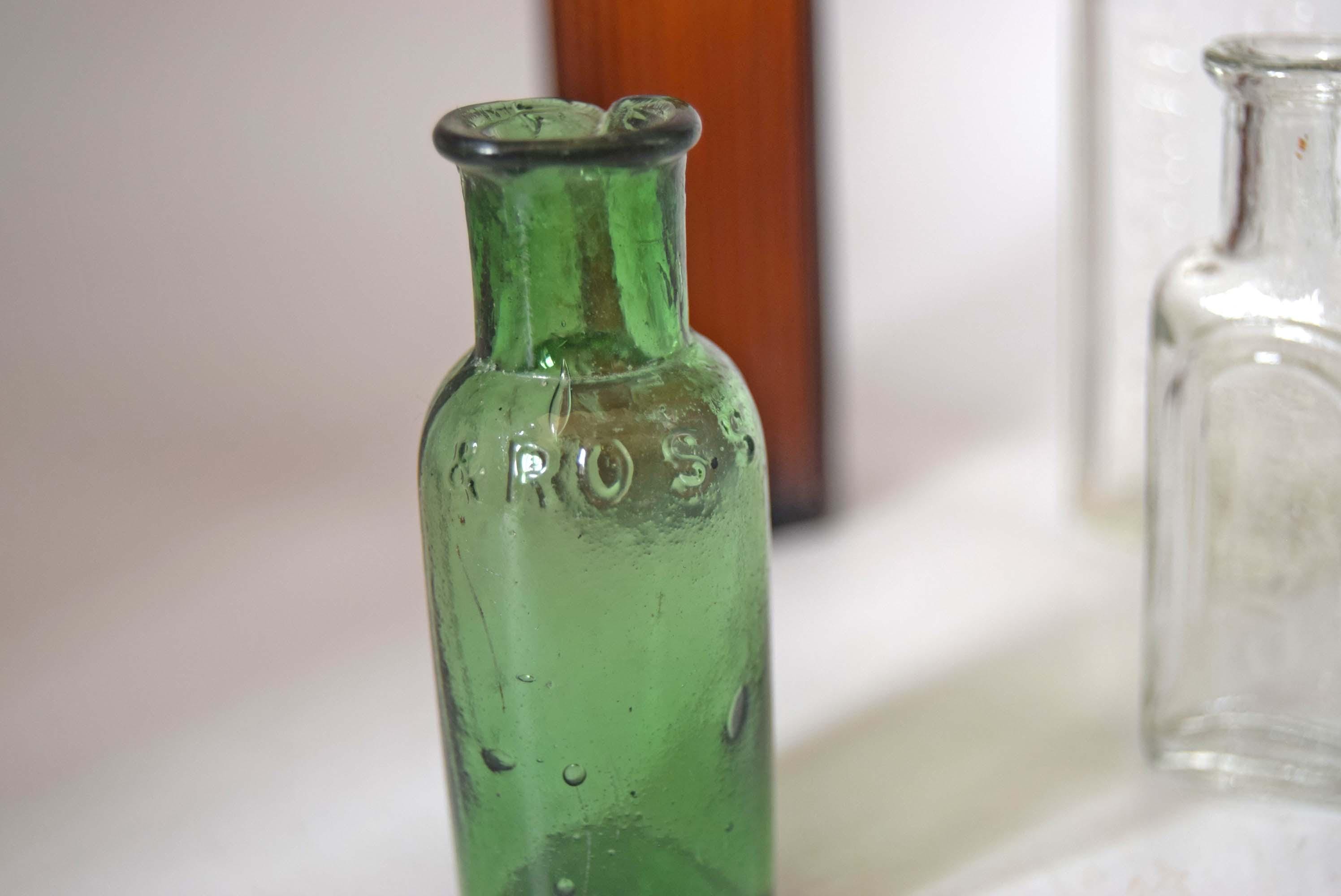 4 Antique Bottles | Rare 1920s LOreal Hair Dye,Victorian Leath & Ross, Eiffel Lemonade