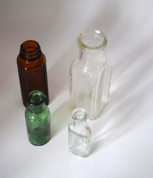 4 Antique Bottles | Rare 1920s L'Oreal Hair Dye , Victorian Leath & Ross, Eiffel Lemonade
