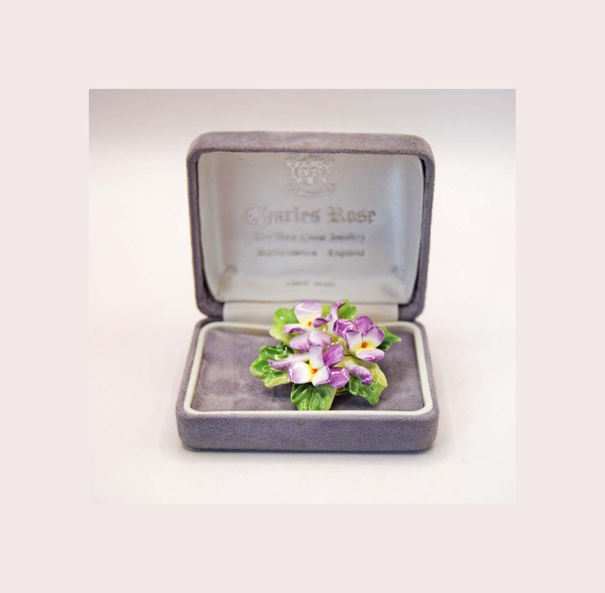 Vintage Charles Rose Fine Bone China Violet Brooch with Original Velvet Box.