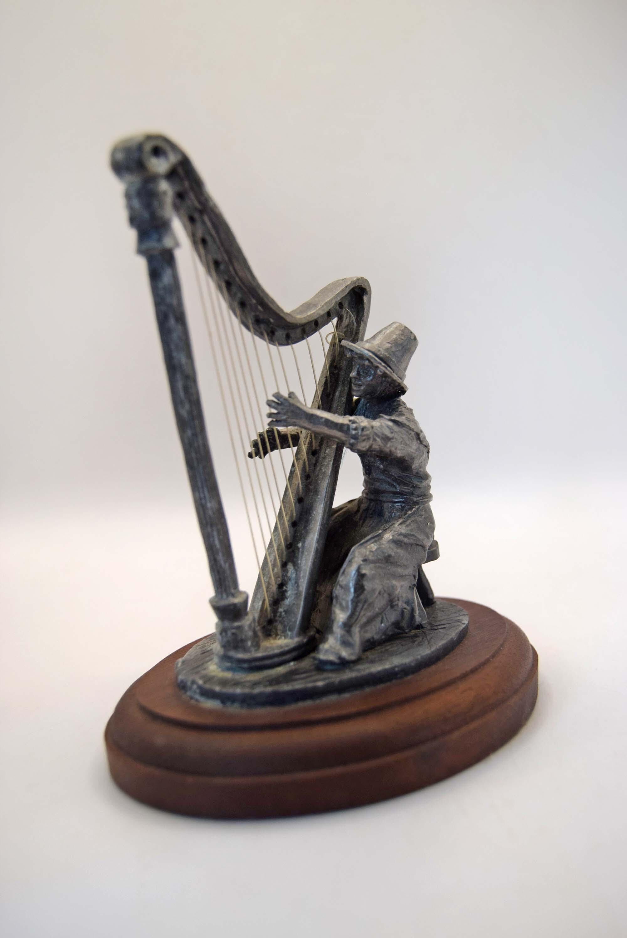 Welsh Lady Harpist Pewter Miniature Sculpture Music Wooden Plinth Welsh Gift