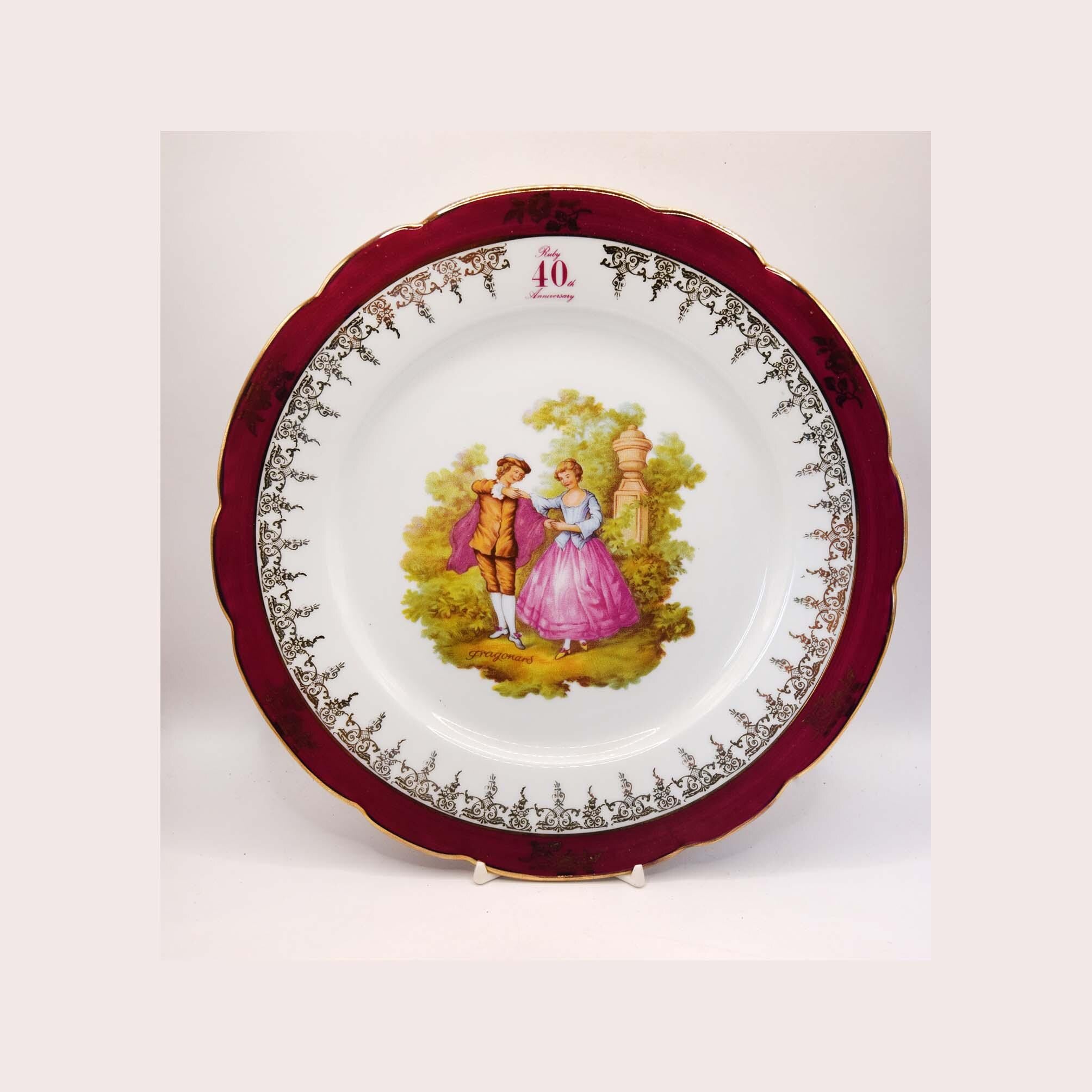 Vintage La Reine Limoges France Porcelain Plate | Fragonard 40th Ruby Anniversary Decorative Wall Dish