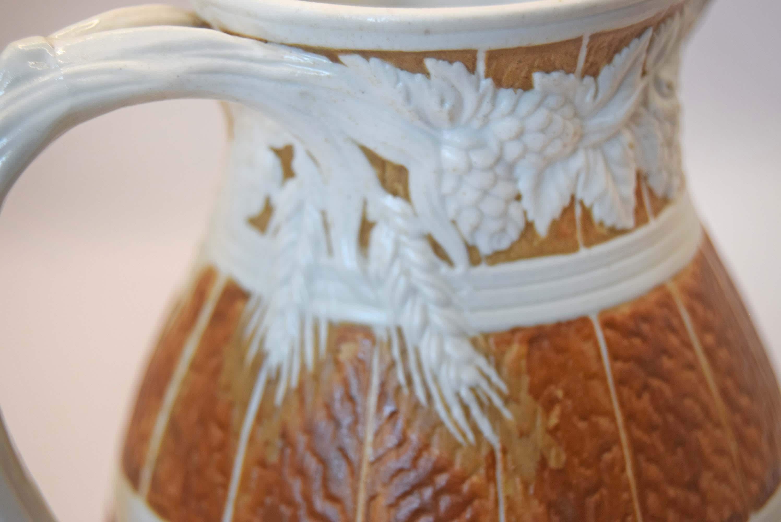 Antique William Brownfield Alloa Barrel Jug 15cm, 1866, Staffordshire Pottery (Spout Repair)