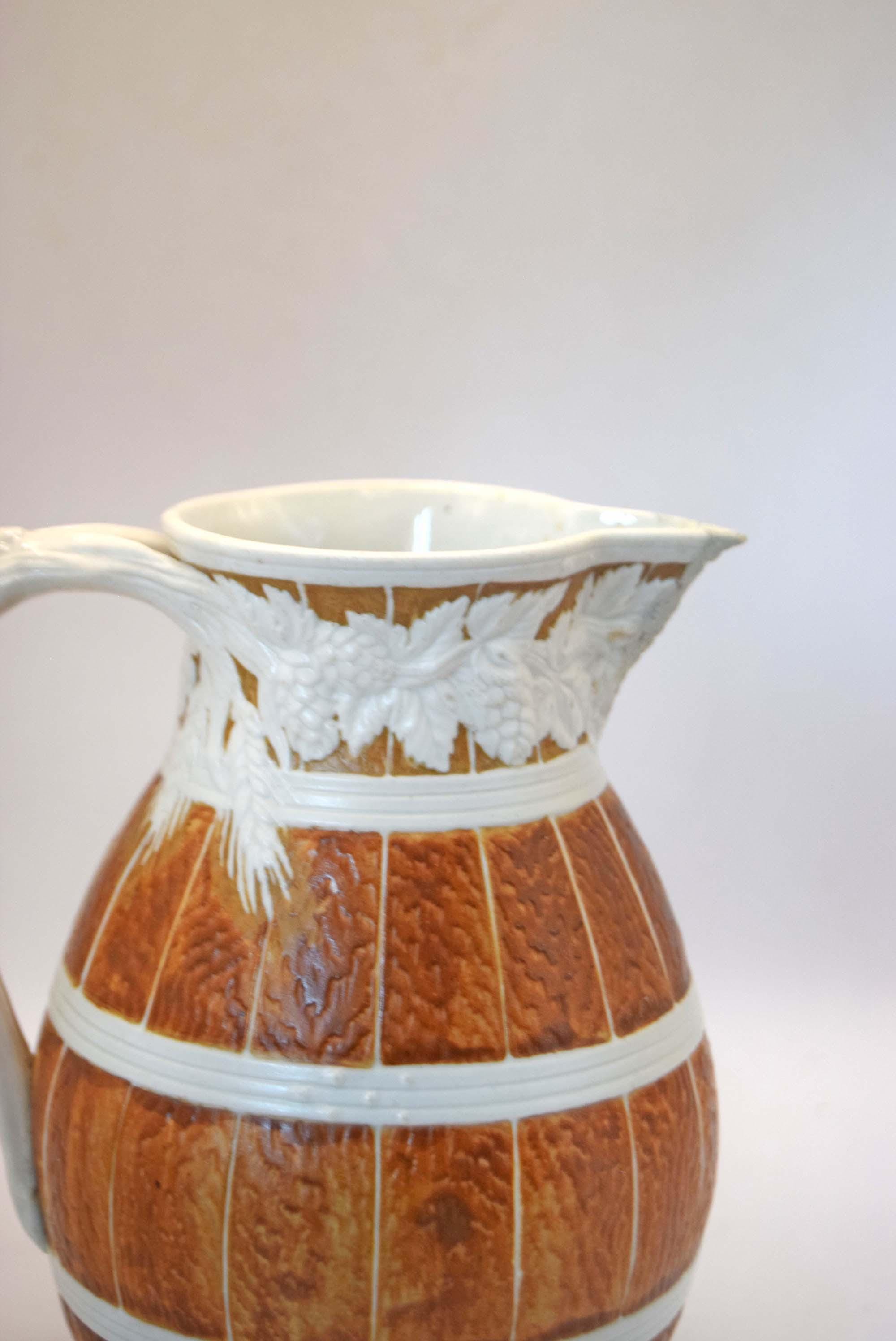Antique William Brownfield Alloa Barrel Jug 15cm, 1866, Staffordshire Pottery (Spout Repair)