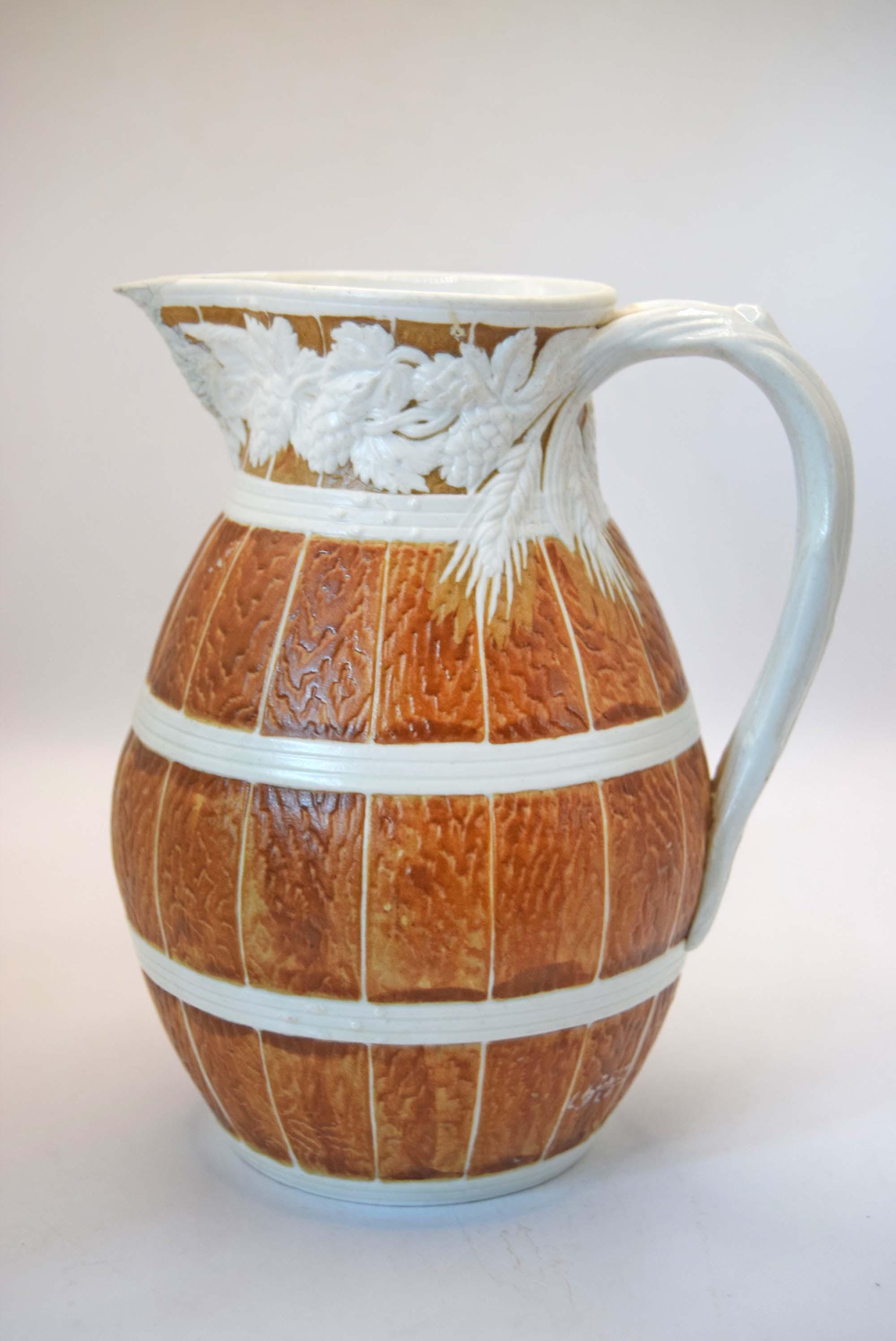 Antique William Brownfield Alloa Barrel Jug 15cm, 1866, Staffordshire Pottery (Spout Repair)
