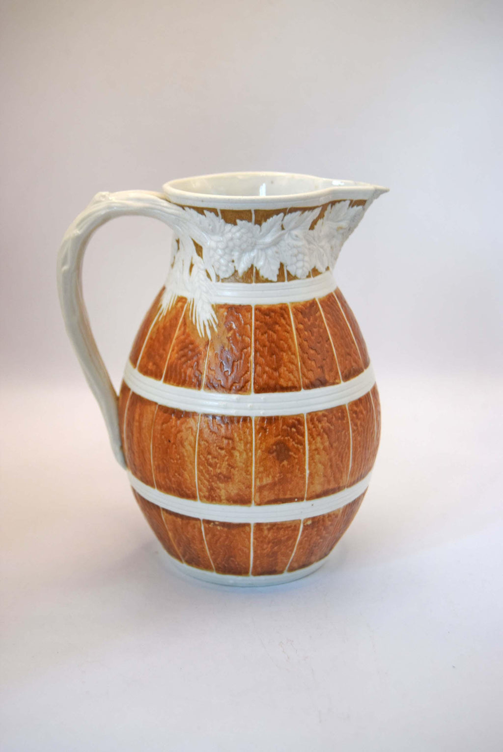 Antique William Brownfield Alloa Barrel Jug 15cm, 1866, Staffordshire Pottery (Spout Repair)