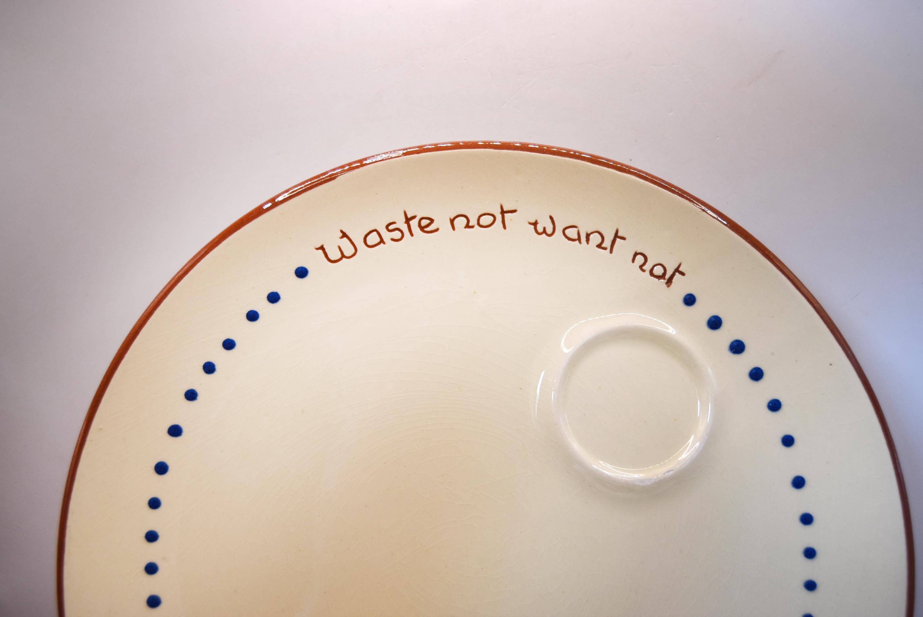 A close-up of a ceramic plate or dish with a cream-colored glaze, featuring the phrase 'waste not want not' in brown script, a border of blue dots, and a brown rim.