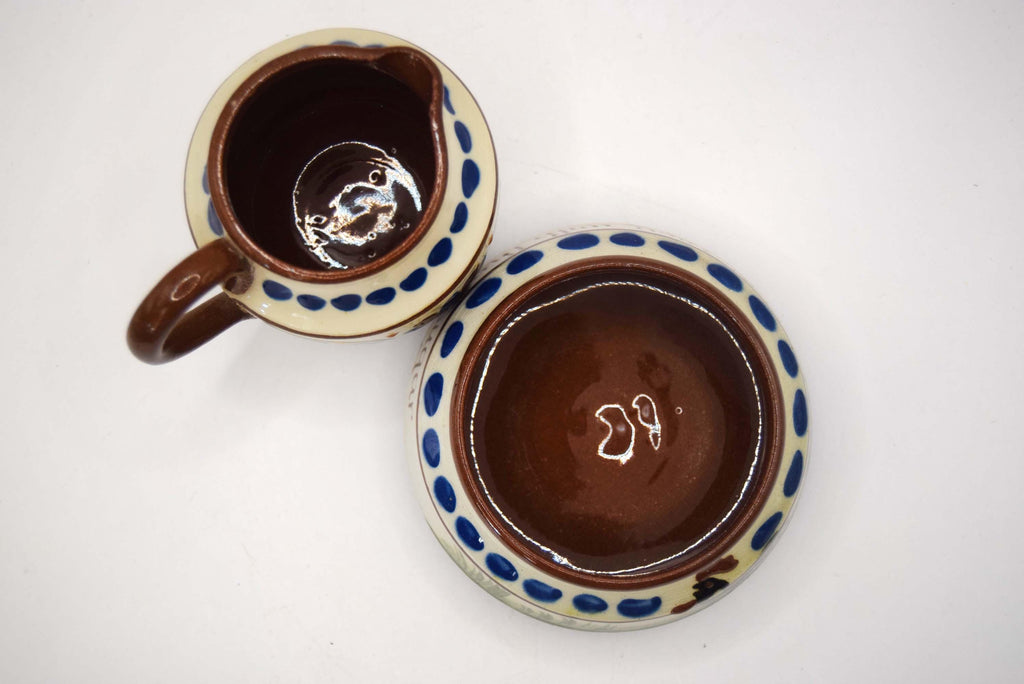 Longpark Torquay Devon Pottery Milk Jug Creamer And Sugar Bowl Mottoware - c1930s