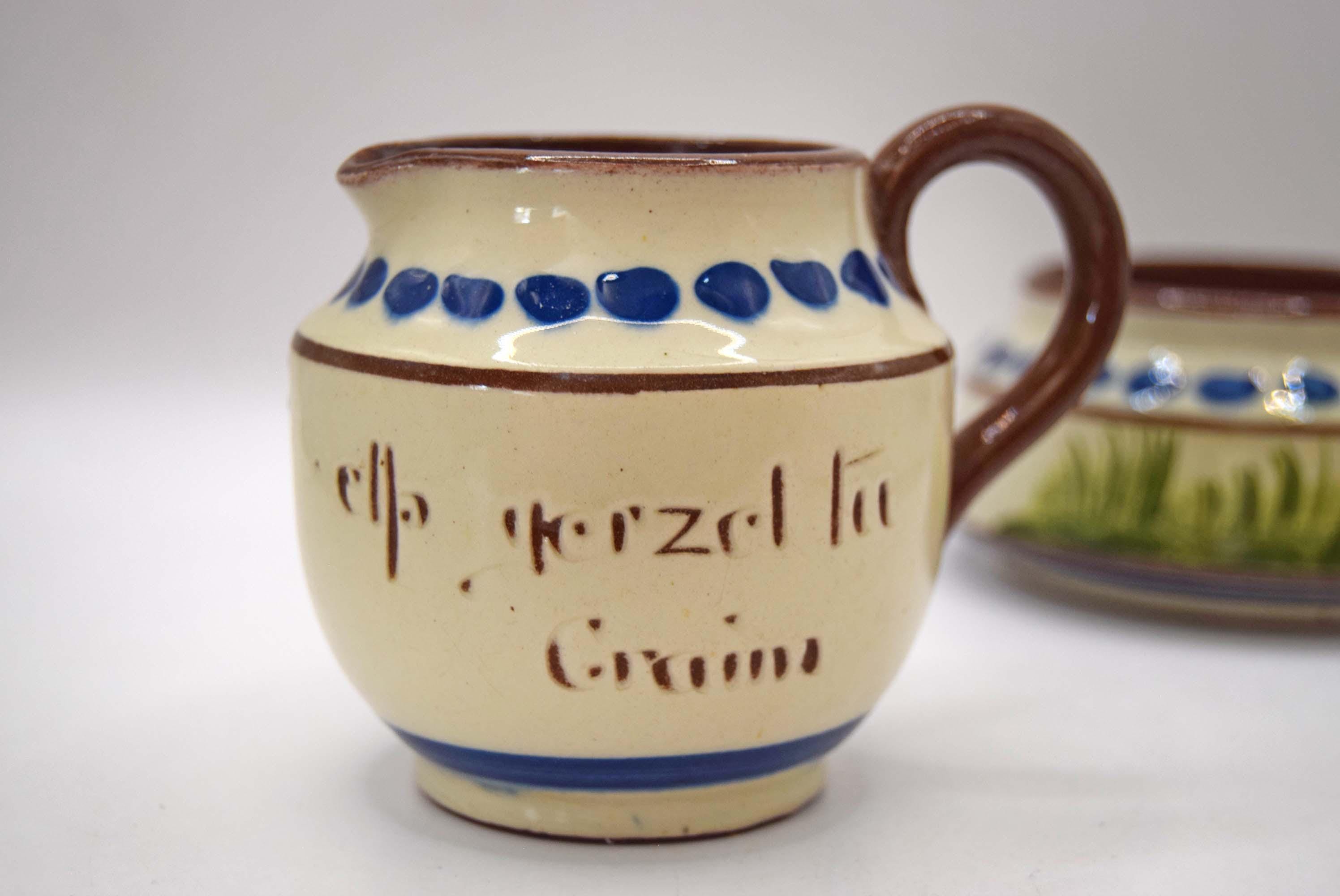 Longpark Torquay Devon Pottery Milk Jug Creamer And Sugar Bowl Mottoware - c1930s