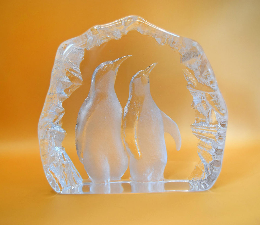 Vintage Mats Jonasson Maleras Sweden Crystal Glass Penguin Pair , Signed