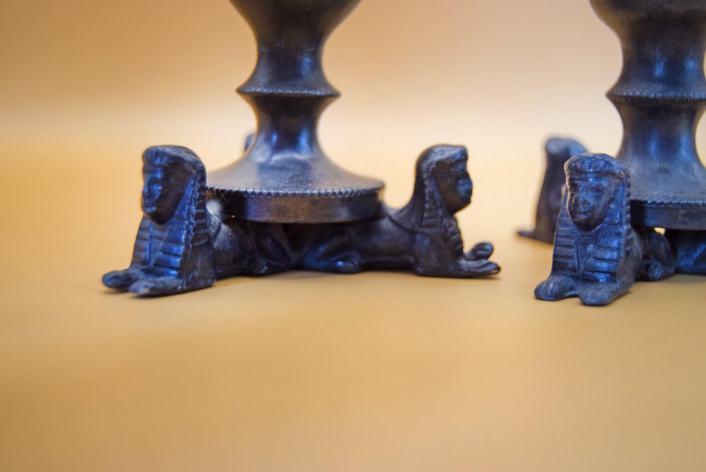 Pair of Antique Egyptian Revival Sphinx Trumpet Vases - 19thC French Spelter