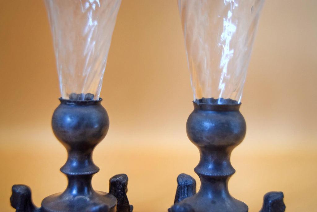 Pair of Antique Egyptian Revival Sphinx Trumpet Vases - 19thC French Spelter