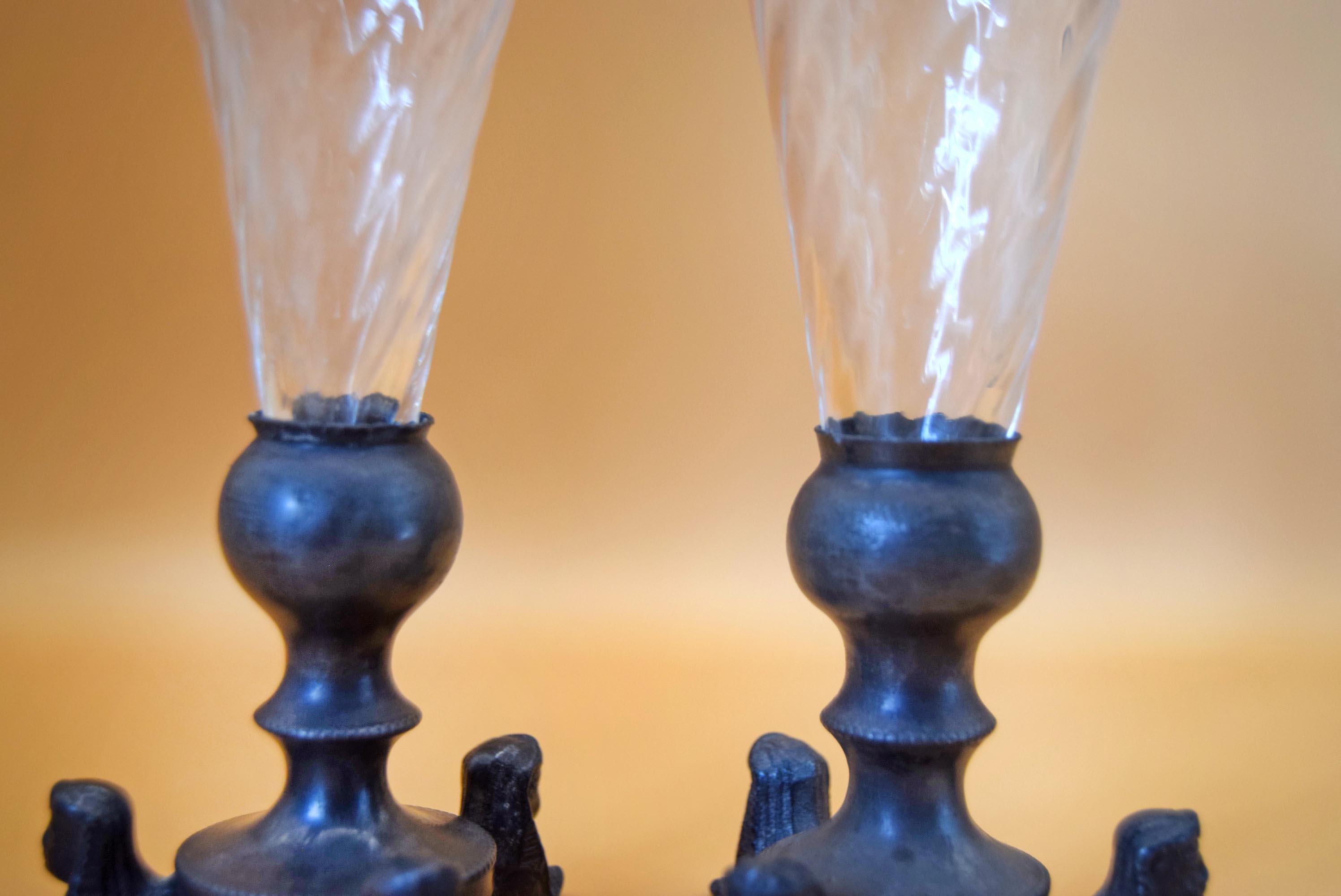 Pair of Antique Egyptian Revival Sphinx Trumpet Vases - 19thC French Spelter