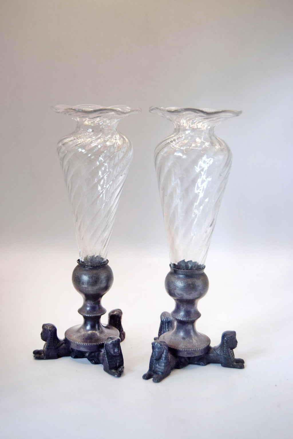 Pair of Antique Egyptian Revival Sphinx Trumpet Vases - 19thC French Spelter
