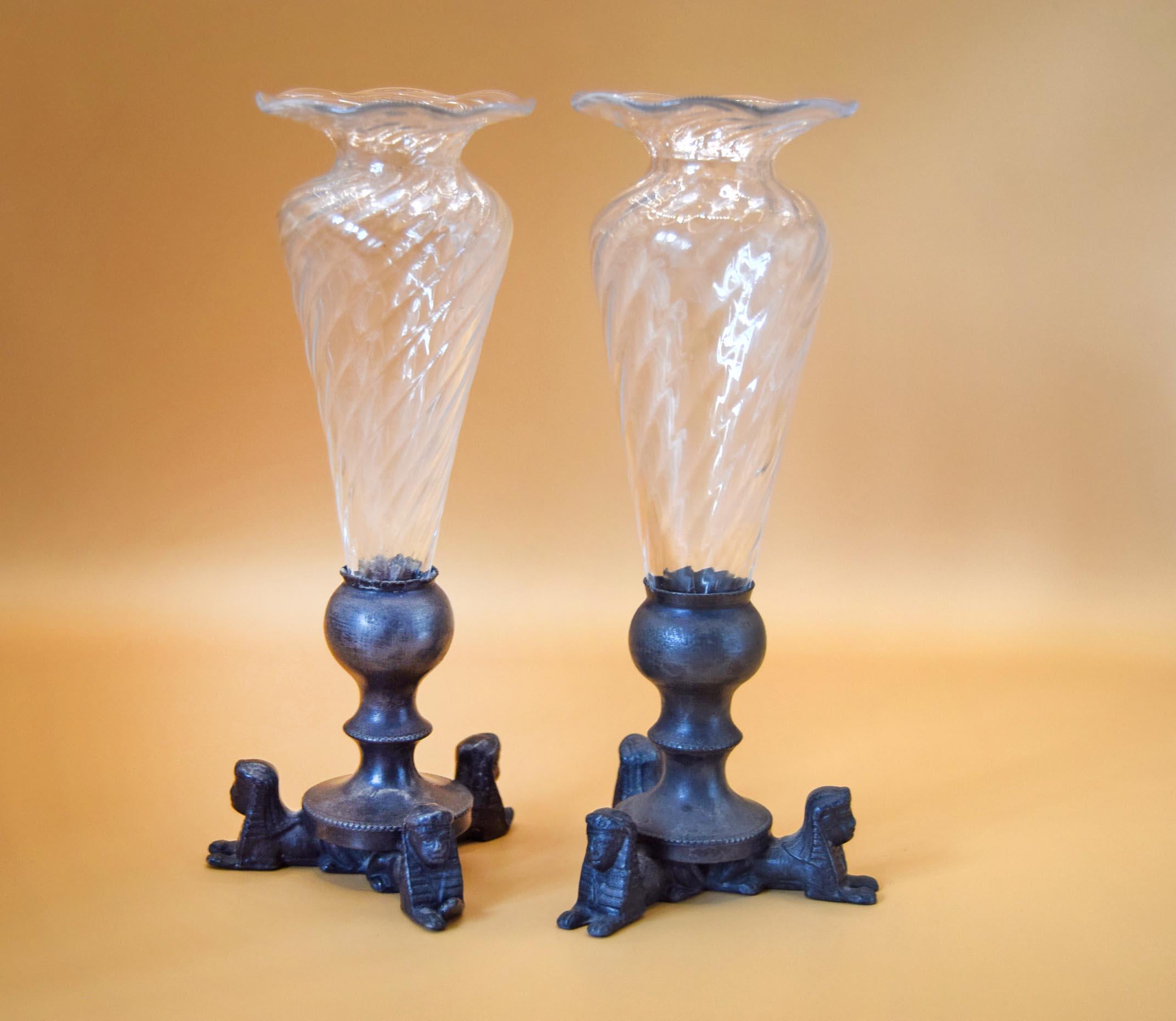 Pair of Antique Egyptian Revival Sphinx Trumpet Vases - 19thC French Spelter