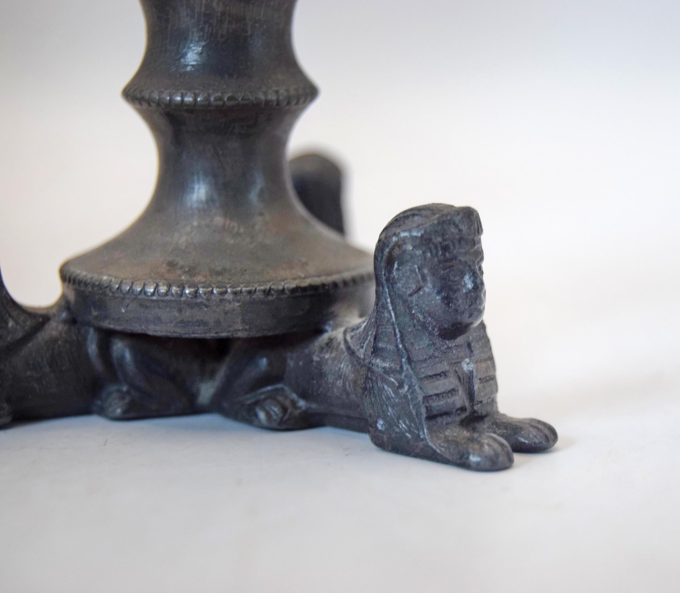 Pair of Antique Egyptian Revival Sphinx Trumpet Vases - 19thC French Spelter