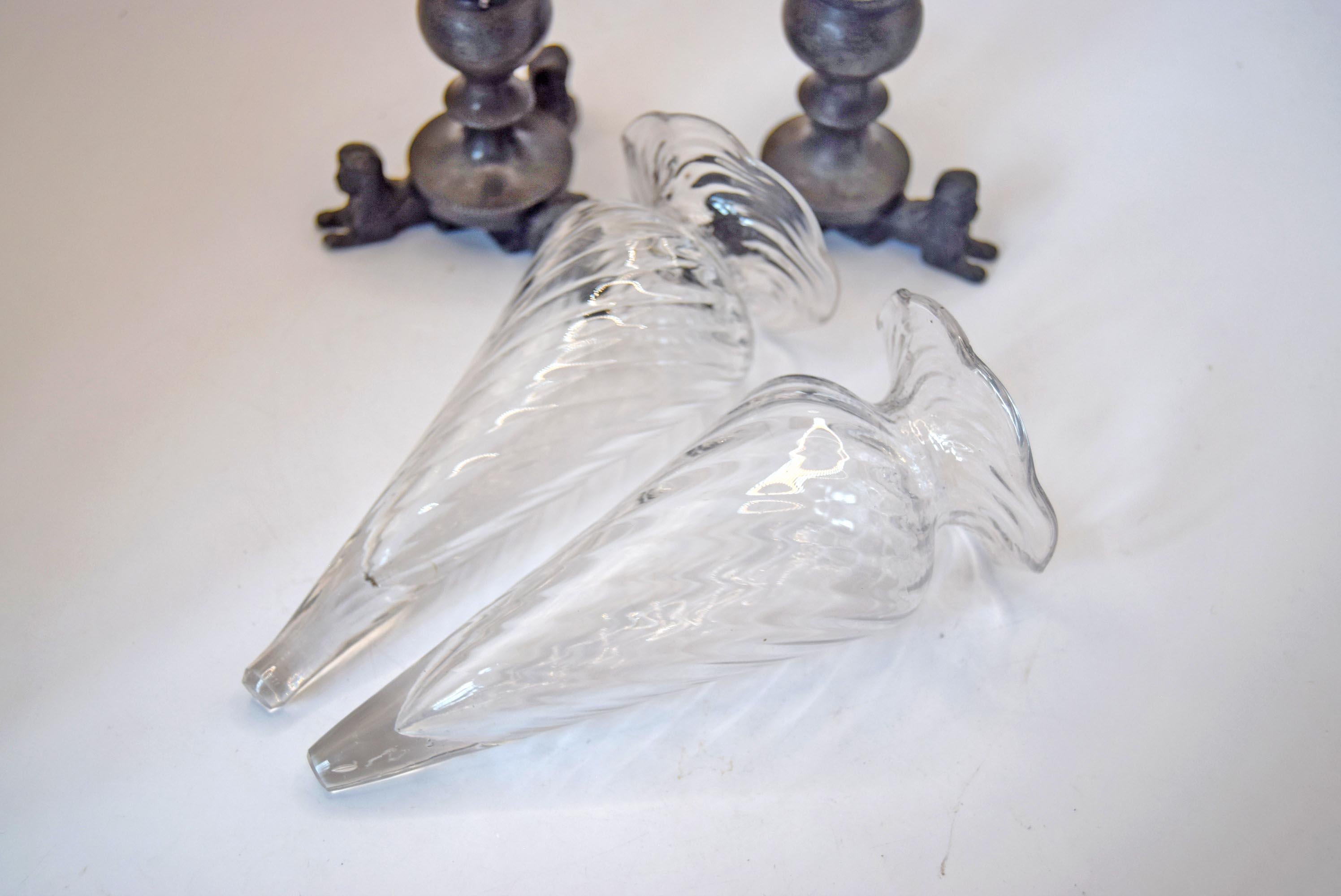 Hand-ground and polished flat tip on antique optic twist glass vase insert