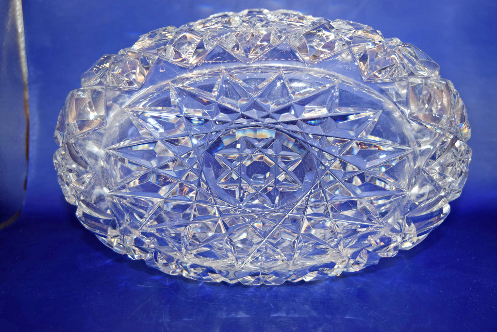 Vintage Heavy Cut Glass Bowl Hobstar and Fan, Scalloped Sawtooth Edge c1980s