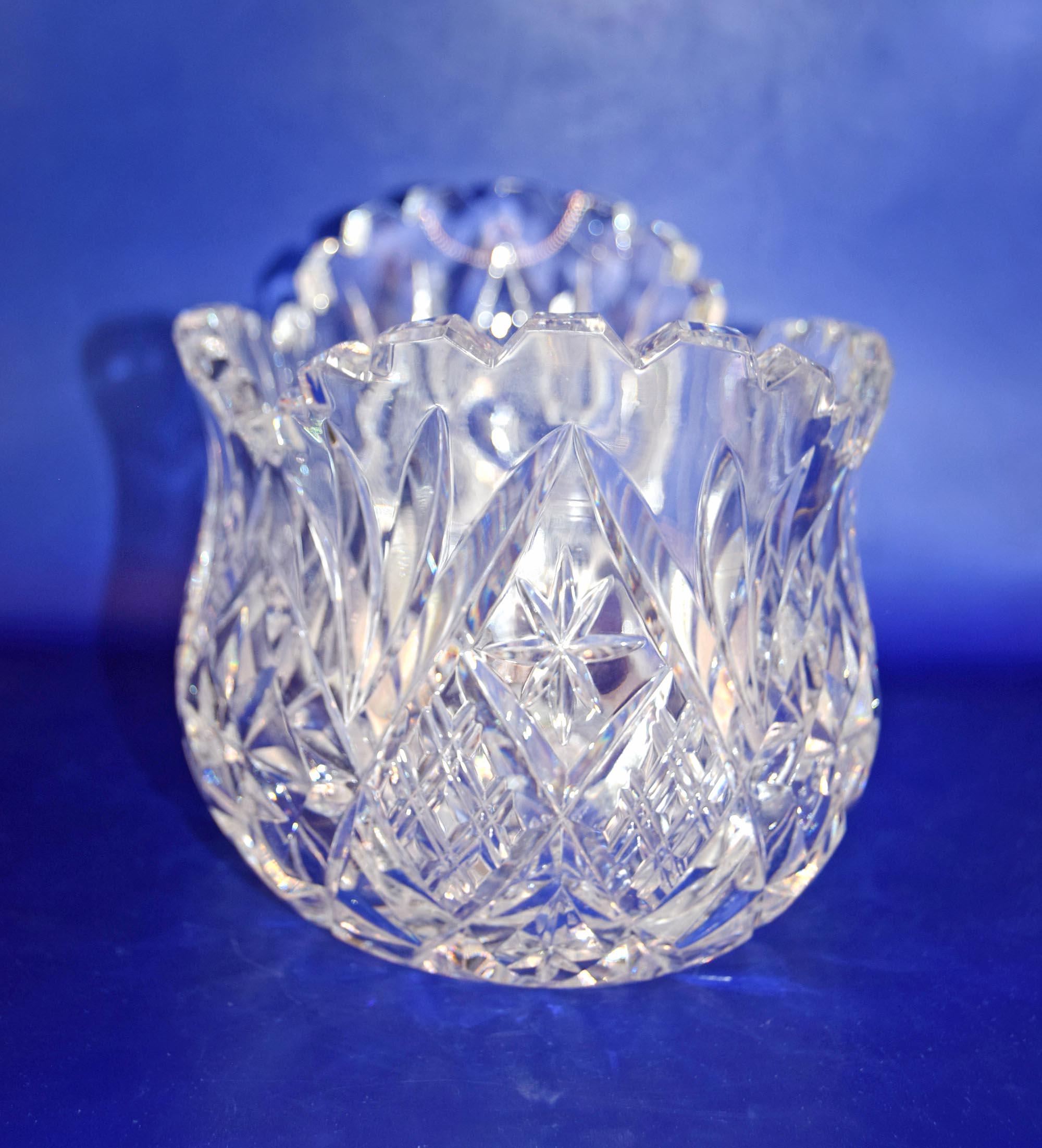 Vintage Heavy Cut Glass Bowl Hobstar and Fan, Scalloped Sawtooth Edge c1980s