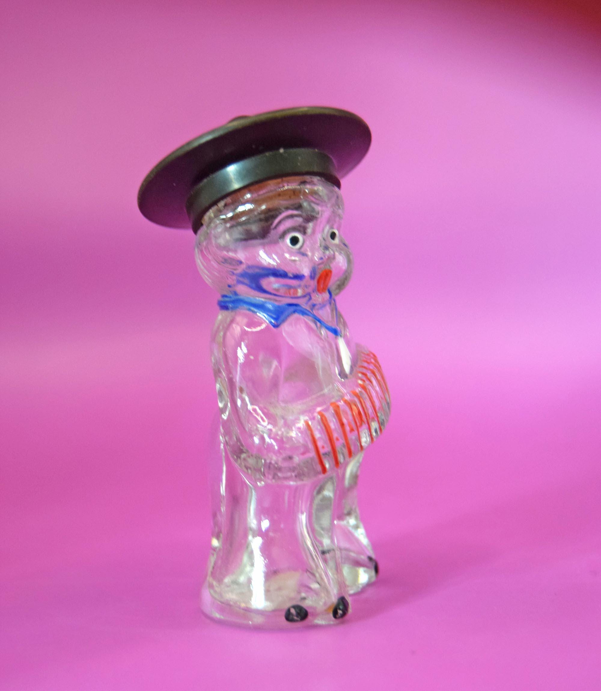 Vintage Glass Accordion Player Jockey Club Perfume Bottle. Bakelite cap. 1940s