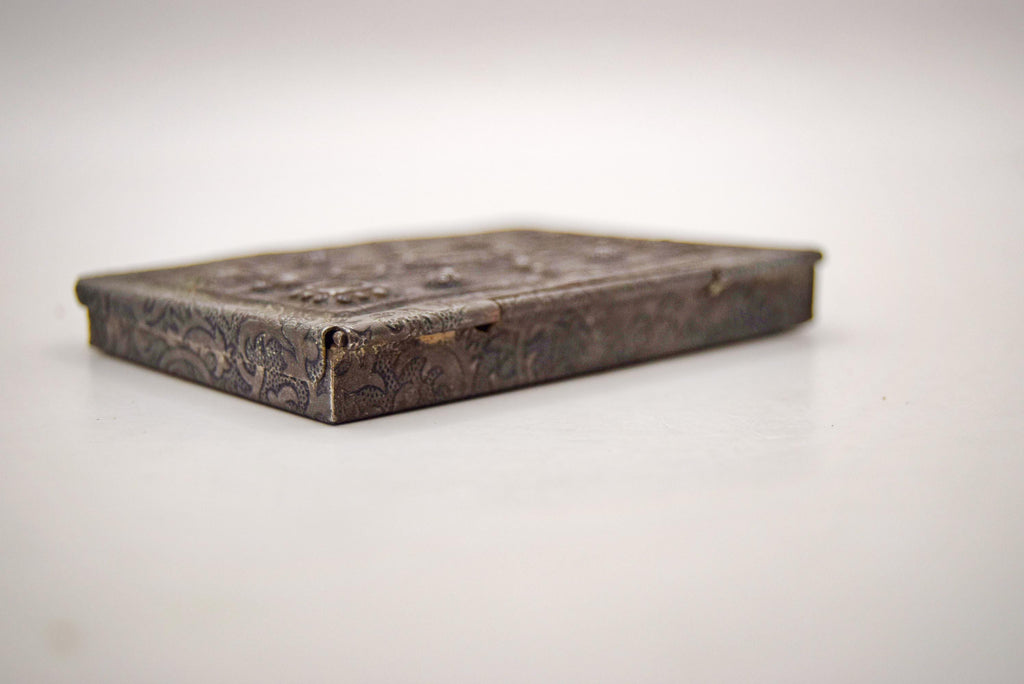 Antique Book Form Pocket Snuff Box, Victorian Stamped Steel Novelty Pill Case