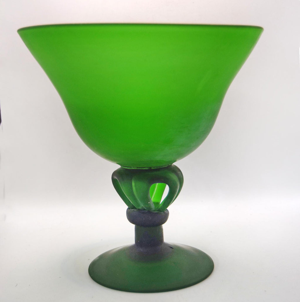 A vintage green glass goblet or cocktail glass with a wide, flared bowl and a dark green stem, shown against a plain white background.