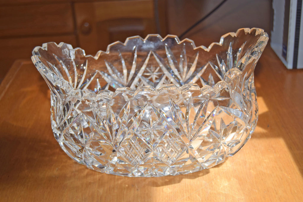 Vintage Heavy Cut Glass Bowl Hobstar and Fan, Scalloped Sawtooth Edge c1980s