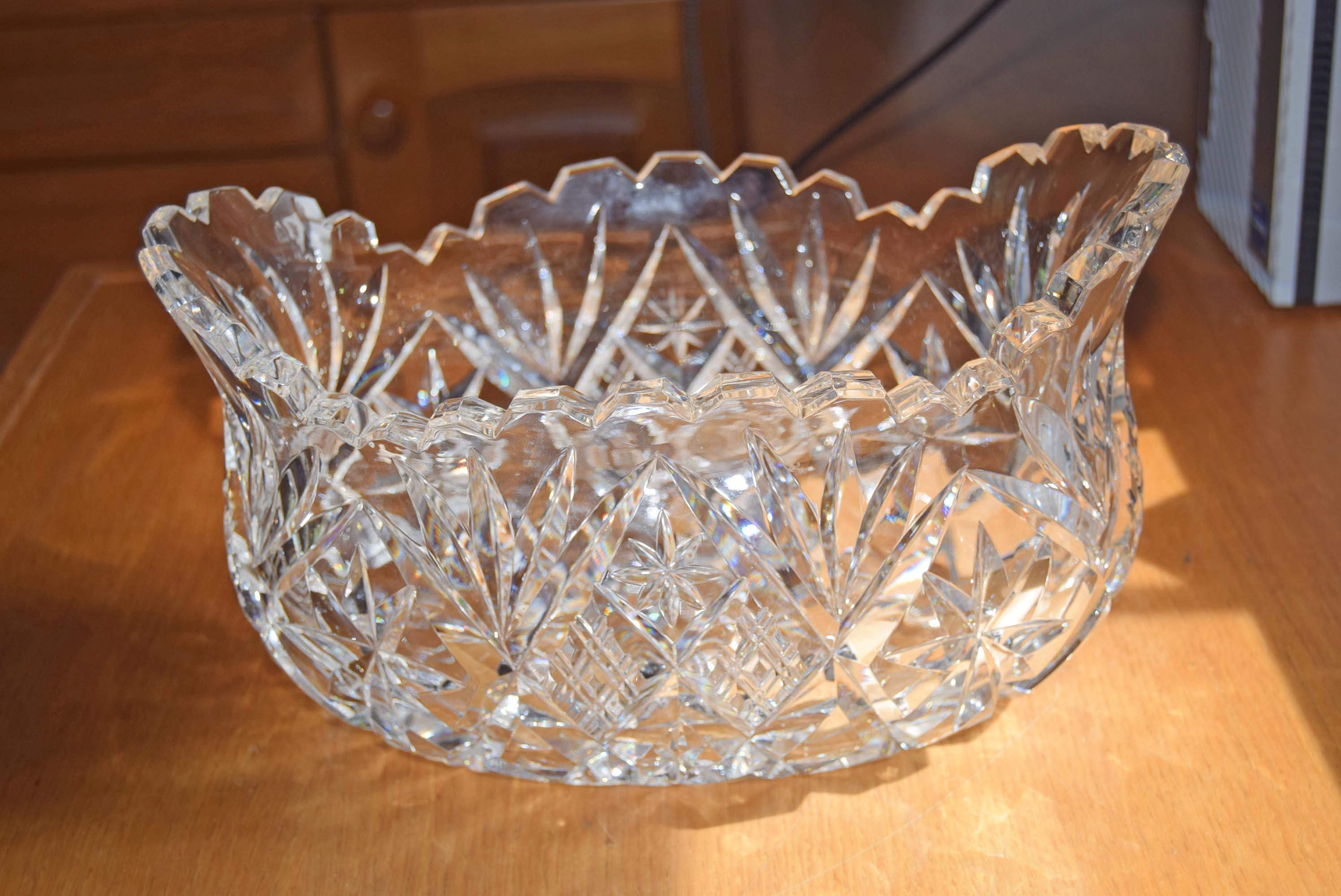 Vintage Heavy Cut Glass Bowl Hobstar and Fan, Scalloped Sawtooth Edge c1980s
