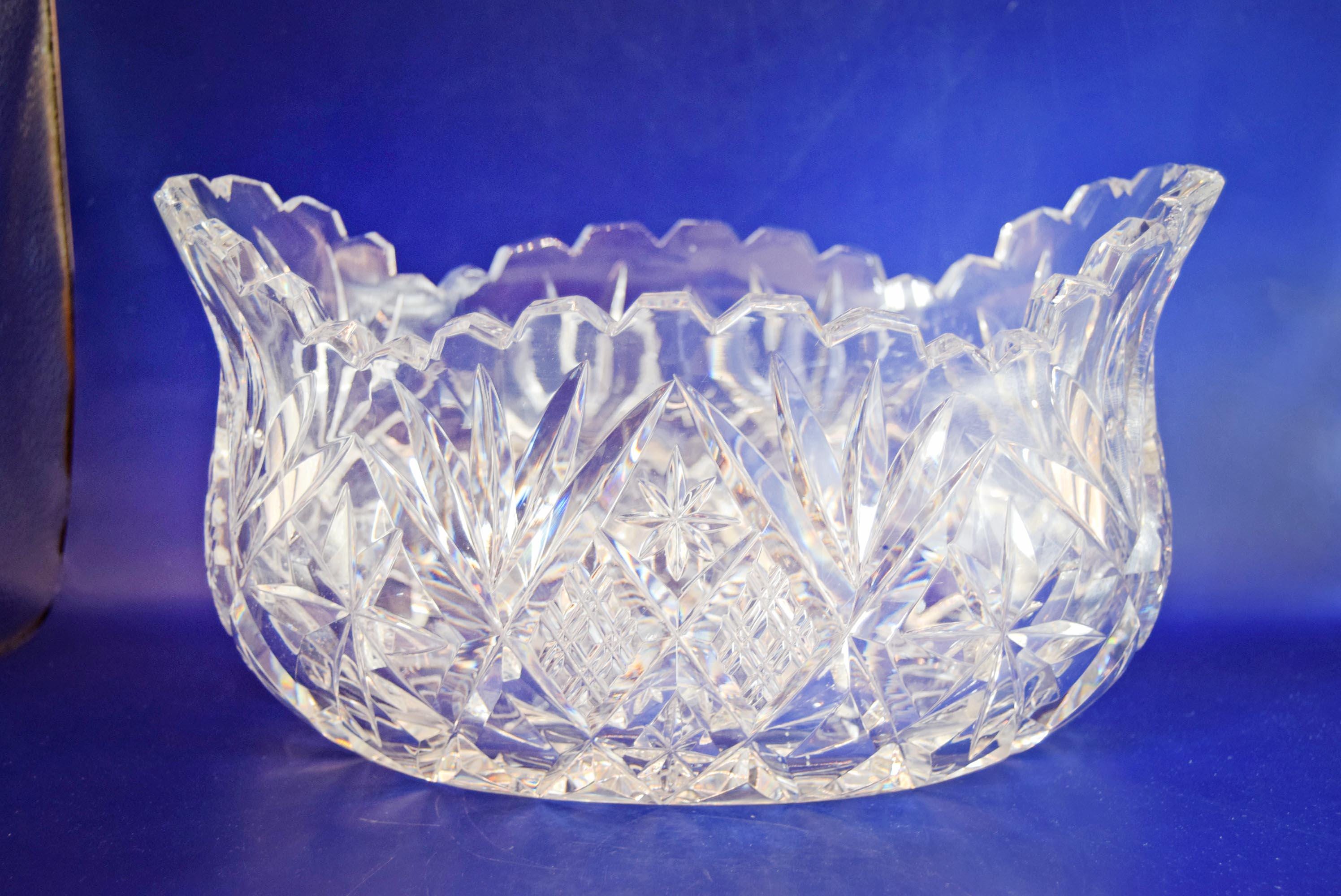 Vintage Heavy Cut Glass Bowl Hobstar and Fan, Scalloped Sawtooth Edge c1980s