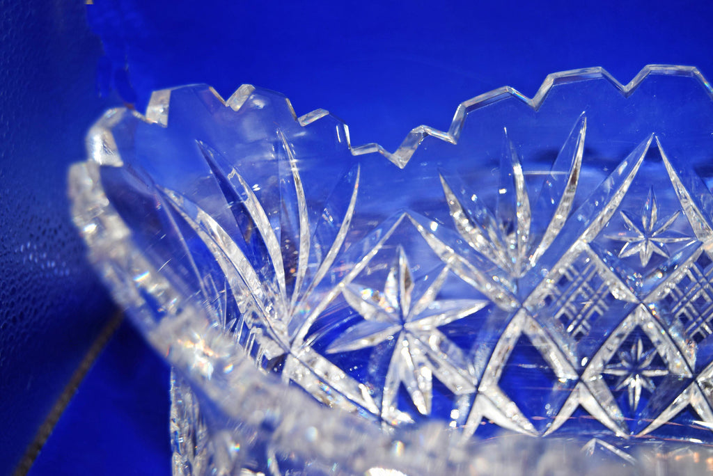 Vintage Heavy Cut Glass Bowl Hobstar and Fan, Scalloped Sawtooth Edge c1980s