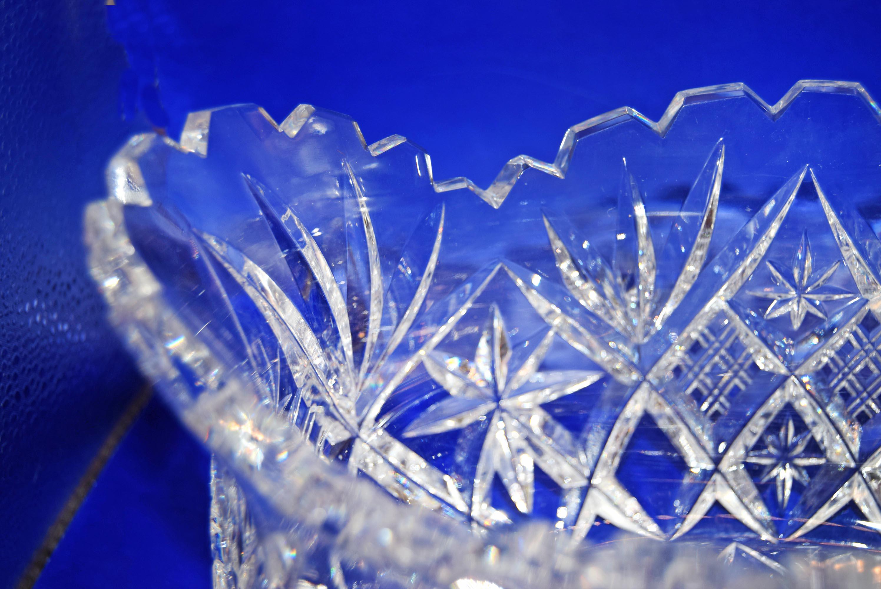 Vintage Heavy Cut Glass Bowl Hobstar and Fan, Scalloped Sawtooth Edge c1980s